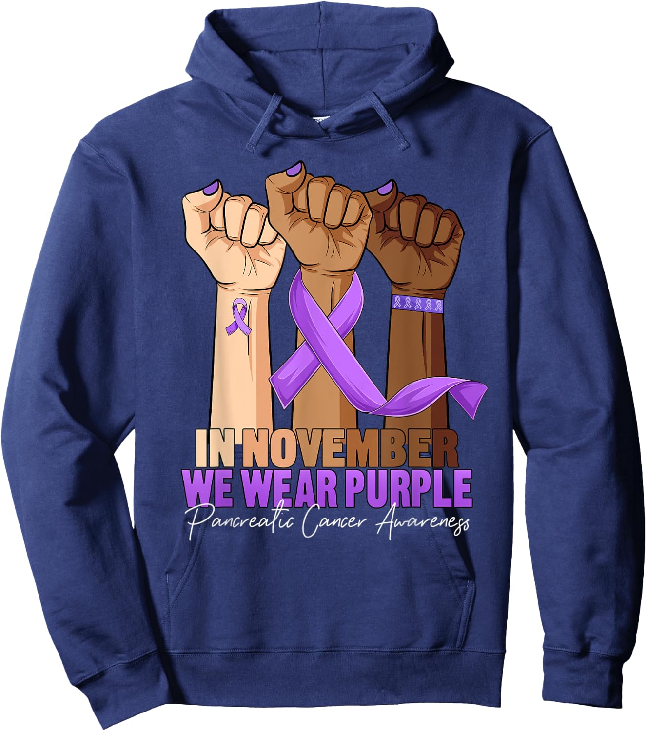 Hand November Wear Purple Ribbon Pancreatic Cancer Awareness Hoodie - Hoodie | Navy