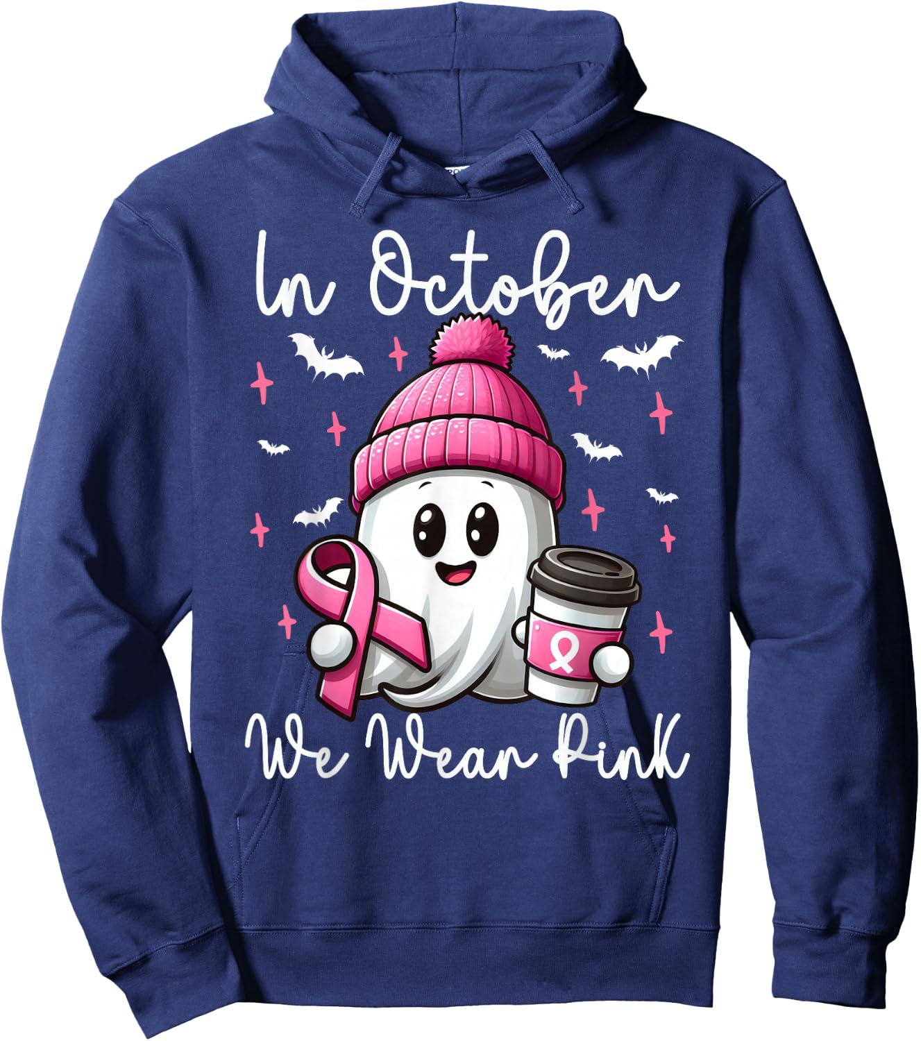 In October We Wear Pink Halloween Ghost Coffee Breast cancer Hoodie - Hoodie | Navy