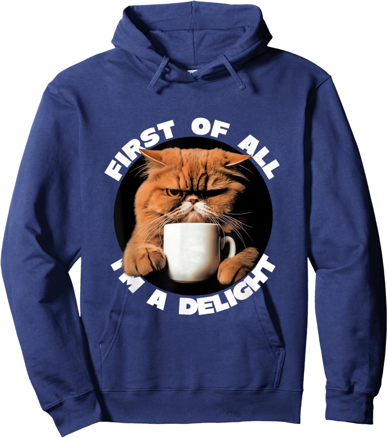 First Of All I'm A Delight Sarcastic Coffee Grumpy Funny Cat Hoodie - Hoodie | Navy