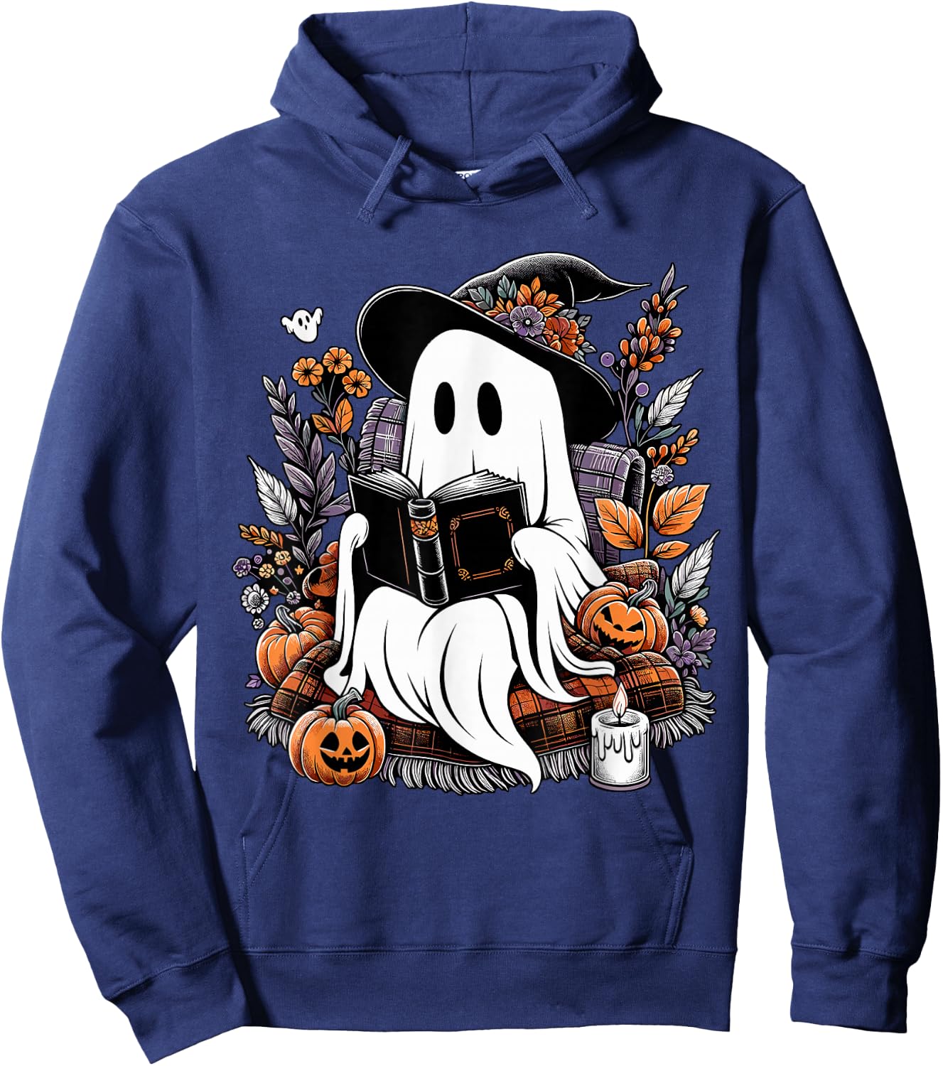 Ghost Reading Books Pumpkin Halloween Hoodie - Hoodie | Navy
