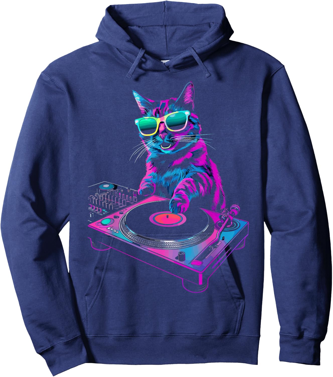 House DJ Cat Rainbow DJ Cat Kitty on Turntable Disco DJ Cat , Small, Black Hoodie - Hoodie | Navy