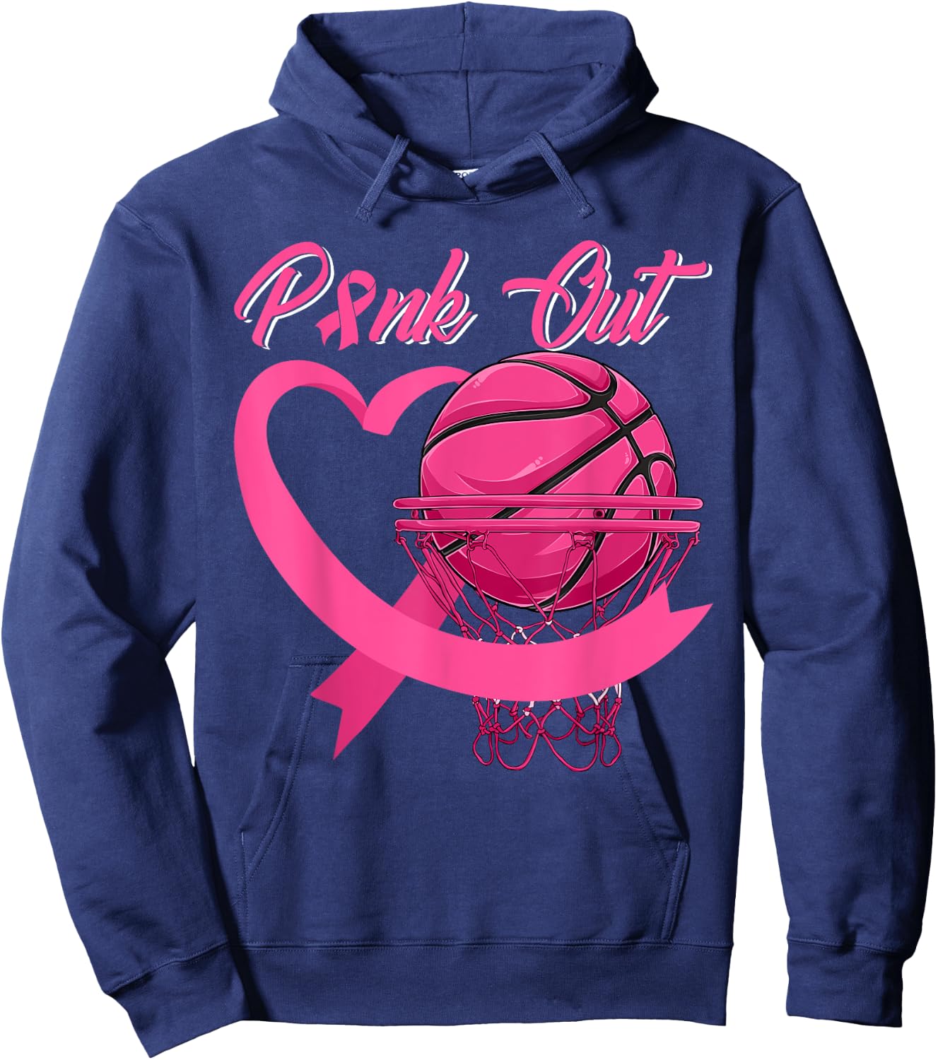 Pink Out Breast Cancer Pink Ribbon Heart & Basketball Ball Hoodie - Hoodie | Navy