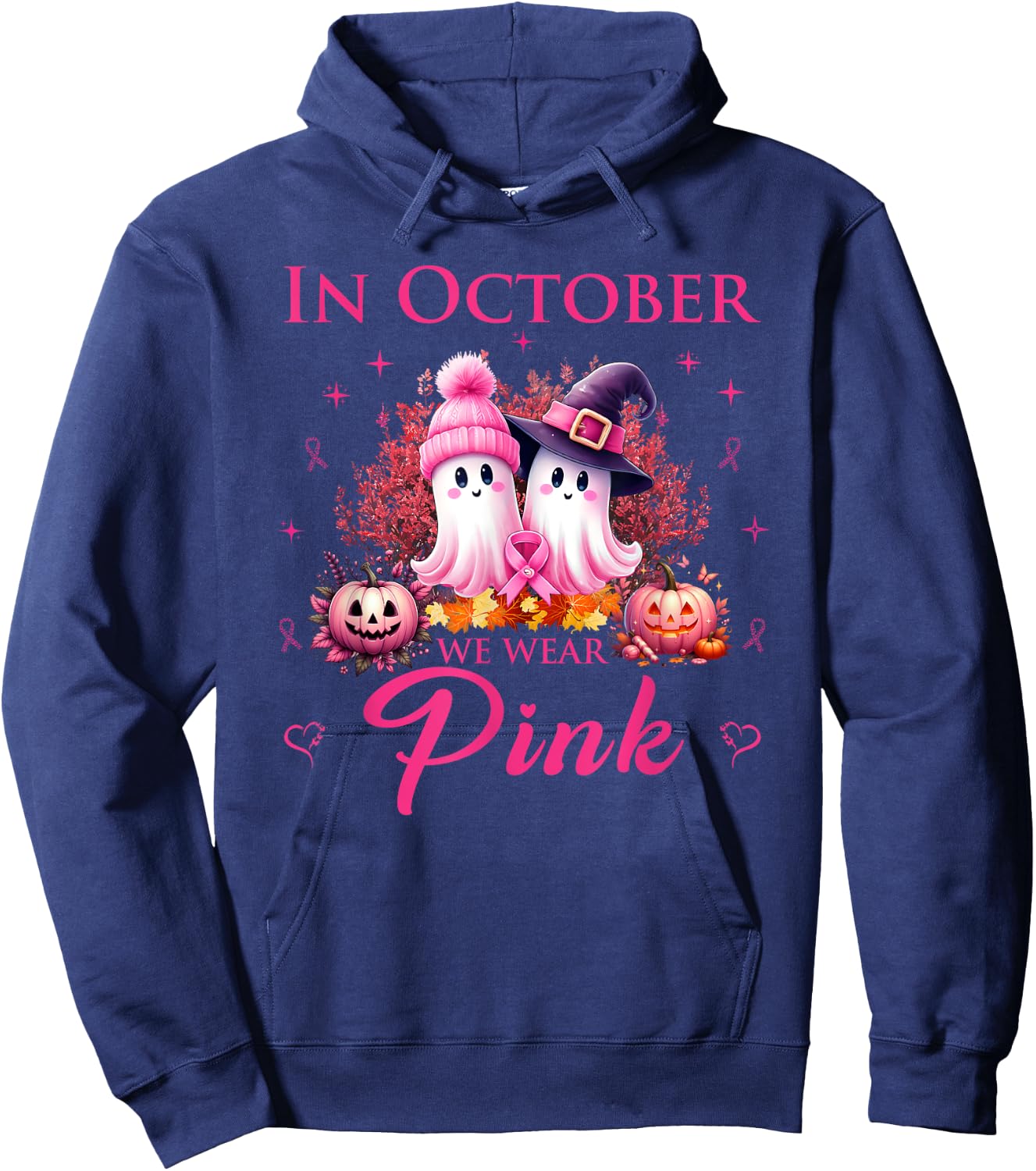 In October We Wear Pink Ghost Breast Cancer Awareness Hoodie - Hoodie | Navy
