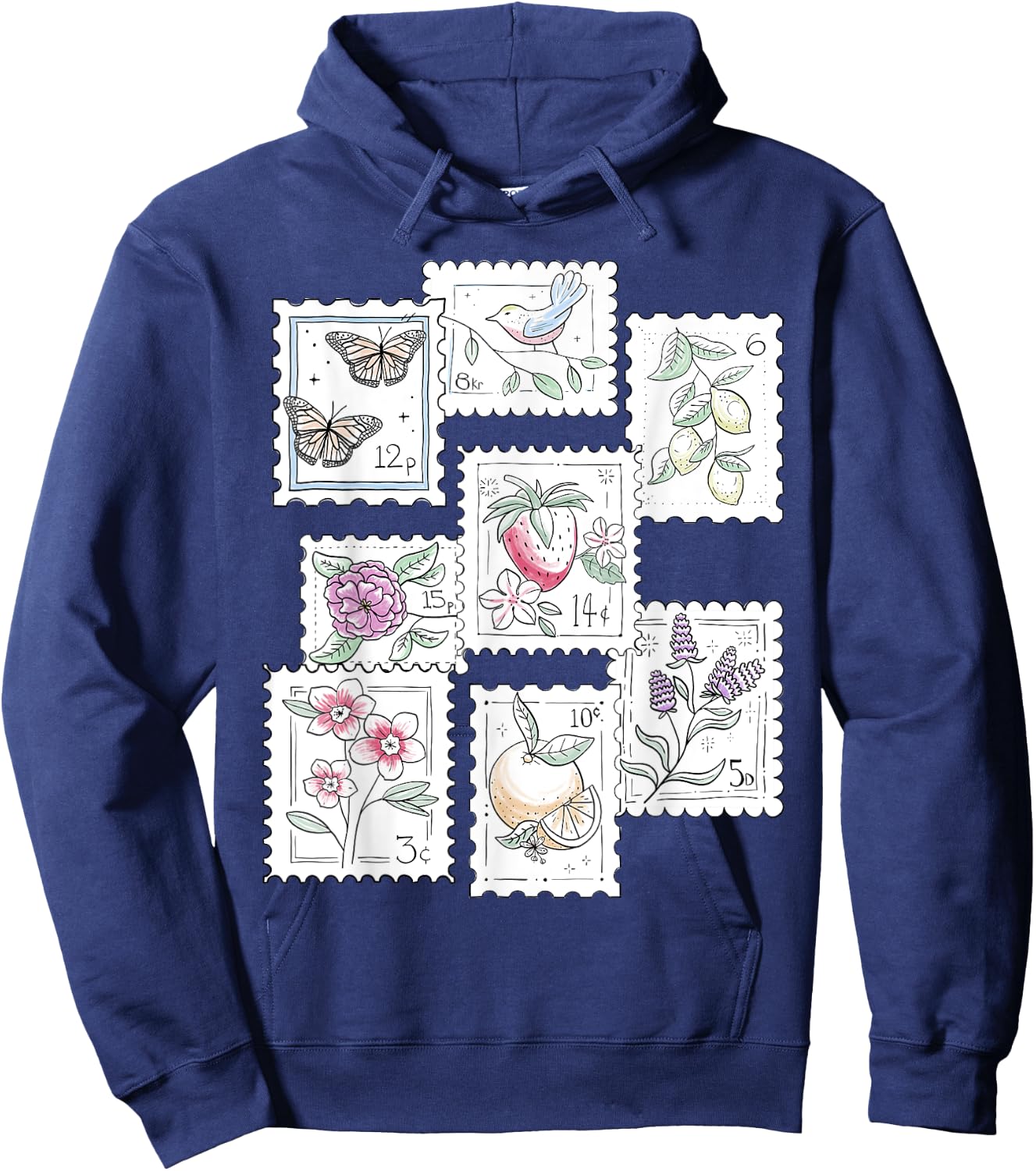 Postage Stamp Pattern Flowers Butterflies Bird Strawberry Hoodie - Hoodie | Navy