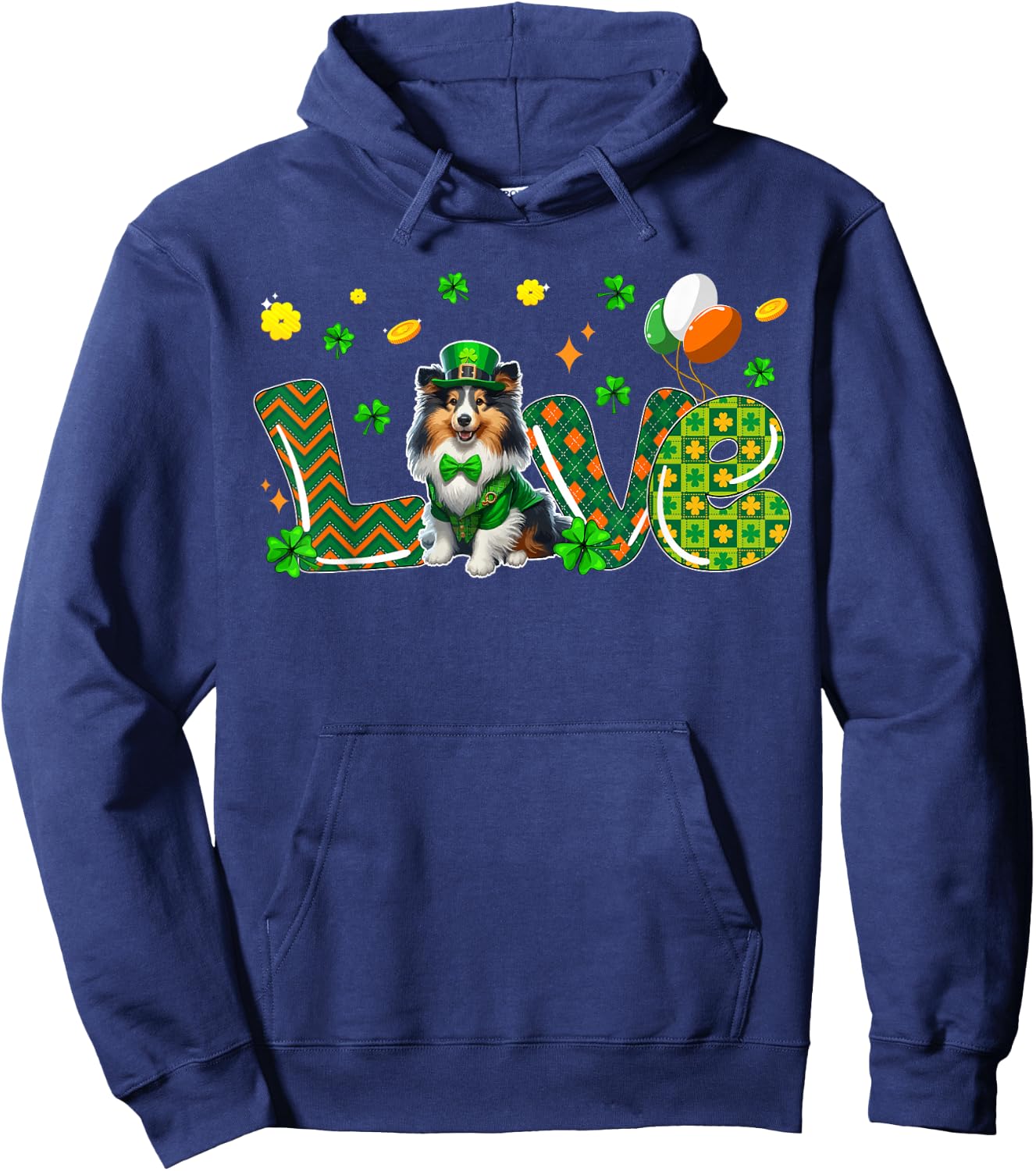 LOVE Sheltie St. Patrick's Day Shamrocks Owner Lover Hoodie - Hoodie | Navy