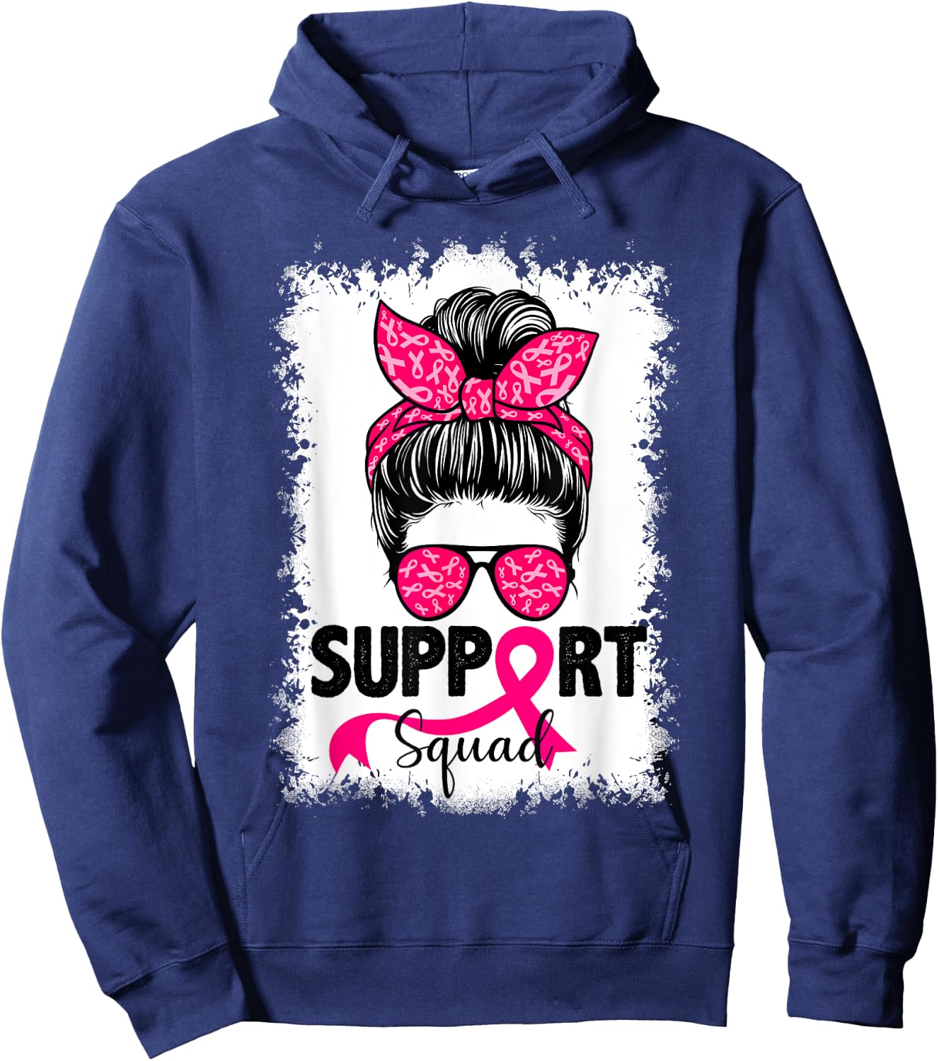 Support Squad Messy Bun Pink Warrior Breast Cancer Awareness Hoodie - Hoodie | Navy