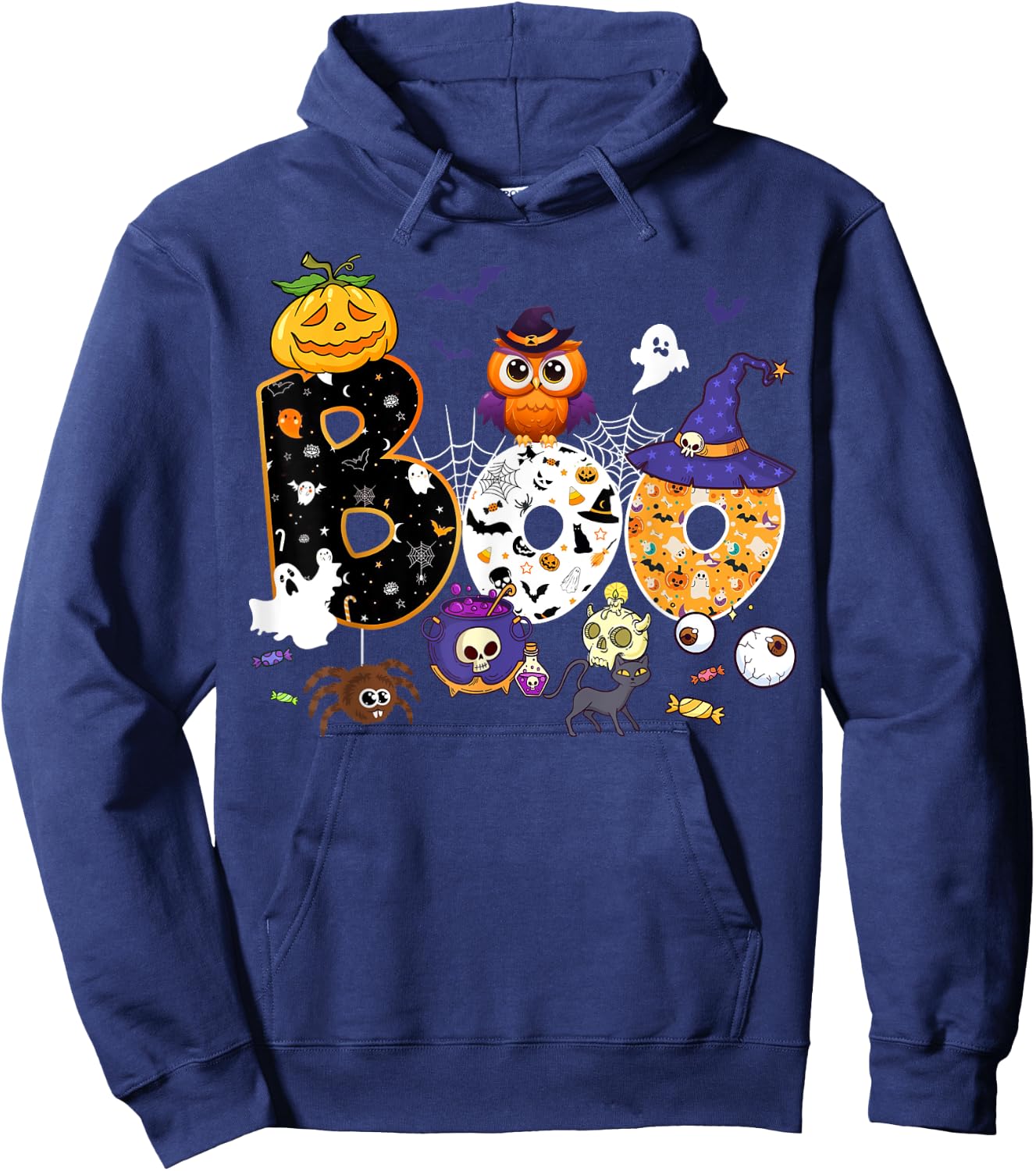Boo Creepy Owl Pumpkin Ghost Halloween Men Women Kids Hoodie - Hoodie | Navy