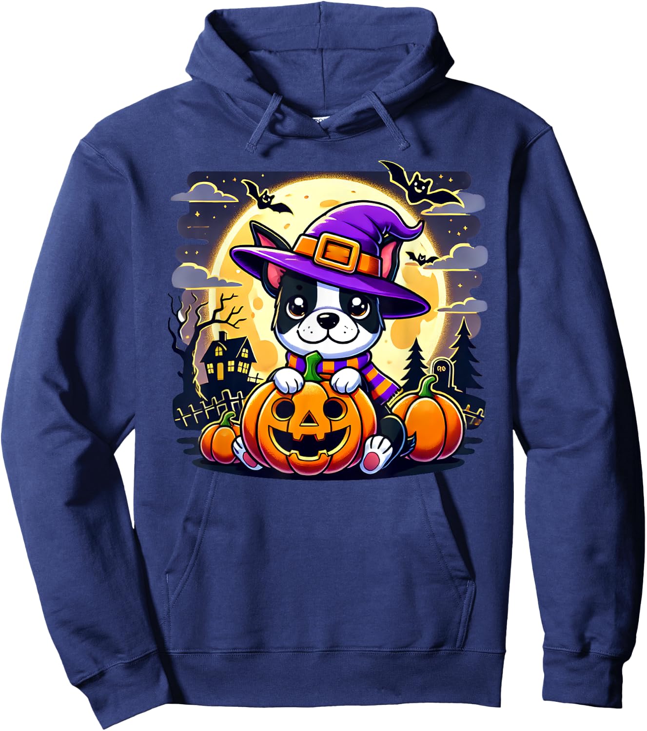 Halloween Boston Terrier Dog Breed With Jack O' Lantern Art Women Kids Hoodie - Hoodie | Navy
