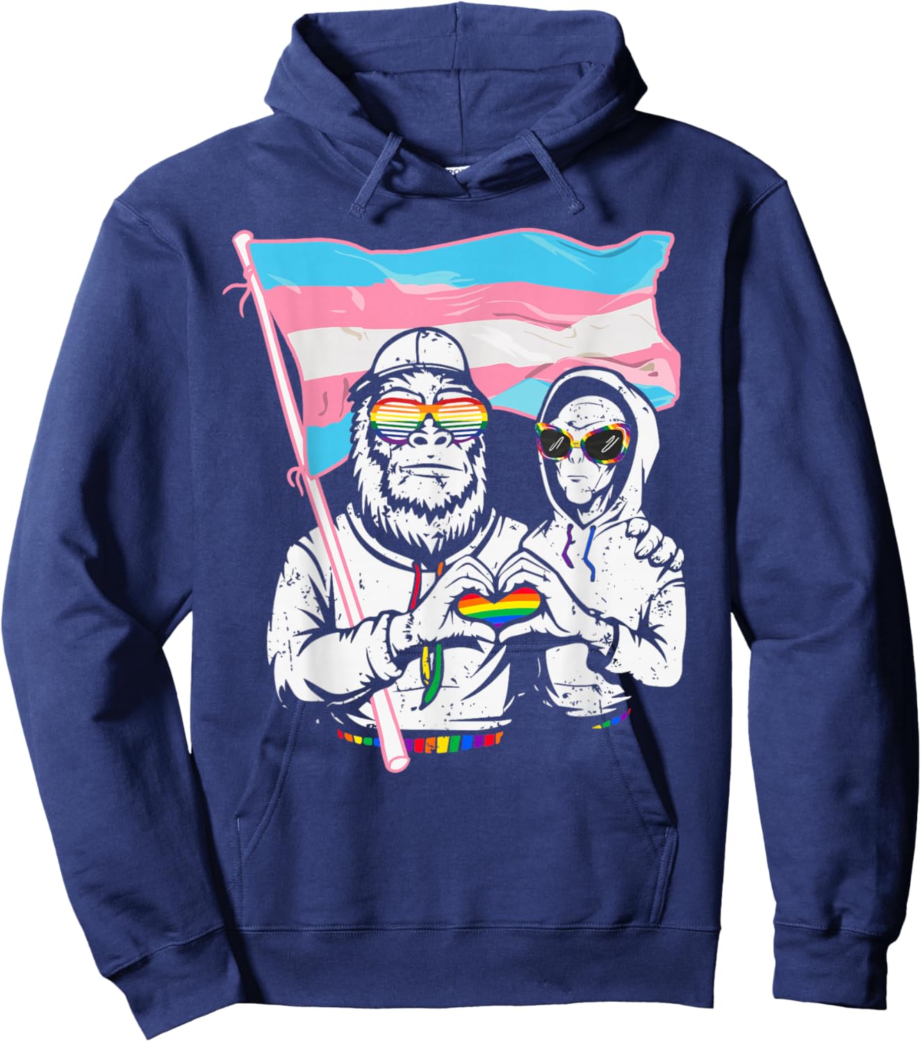 Pride Bigfoot Alien Funny LGBTQ Trans Flag Vintage Hoodie - Hoodie | Navy