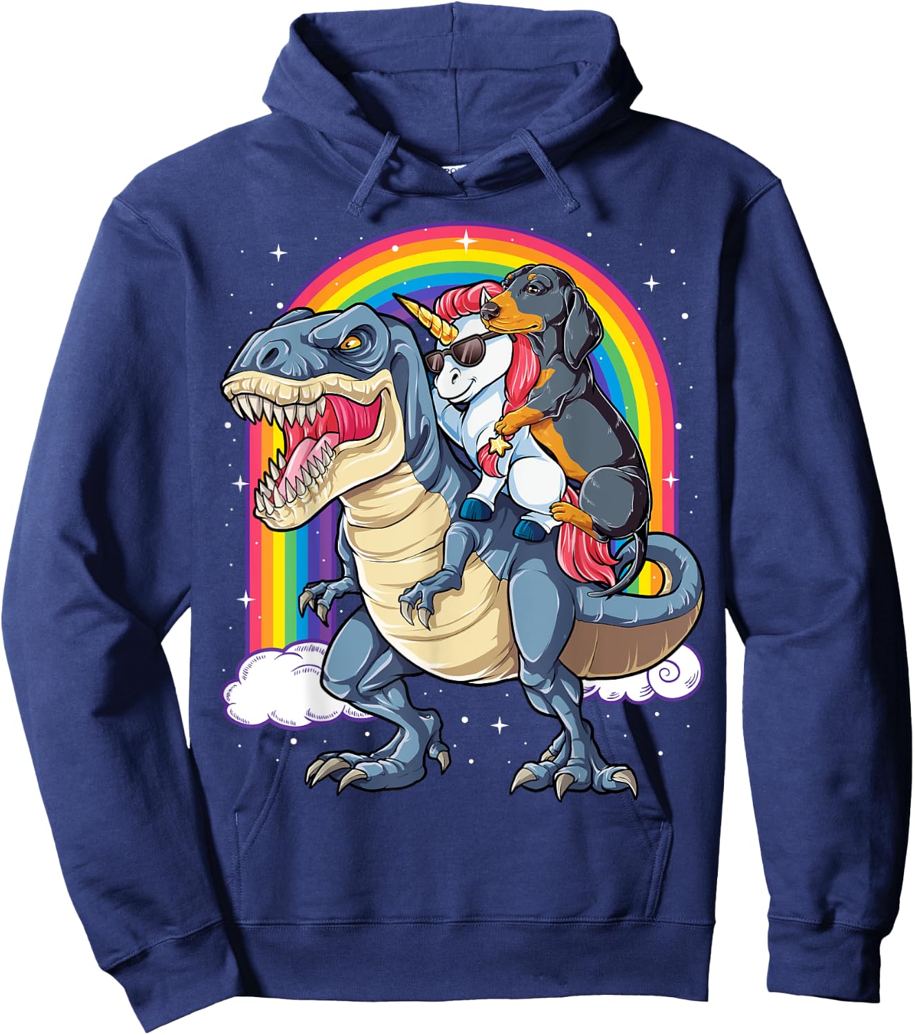 Dachshund Unicorn Riding Dinosaur T-rex Gifts Women Rainbow Hoodie - Hoodie | Navy