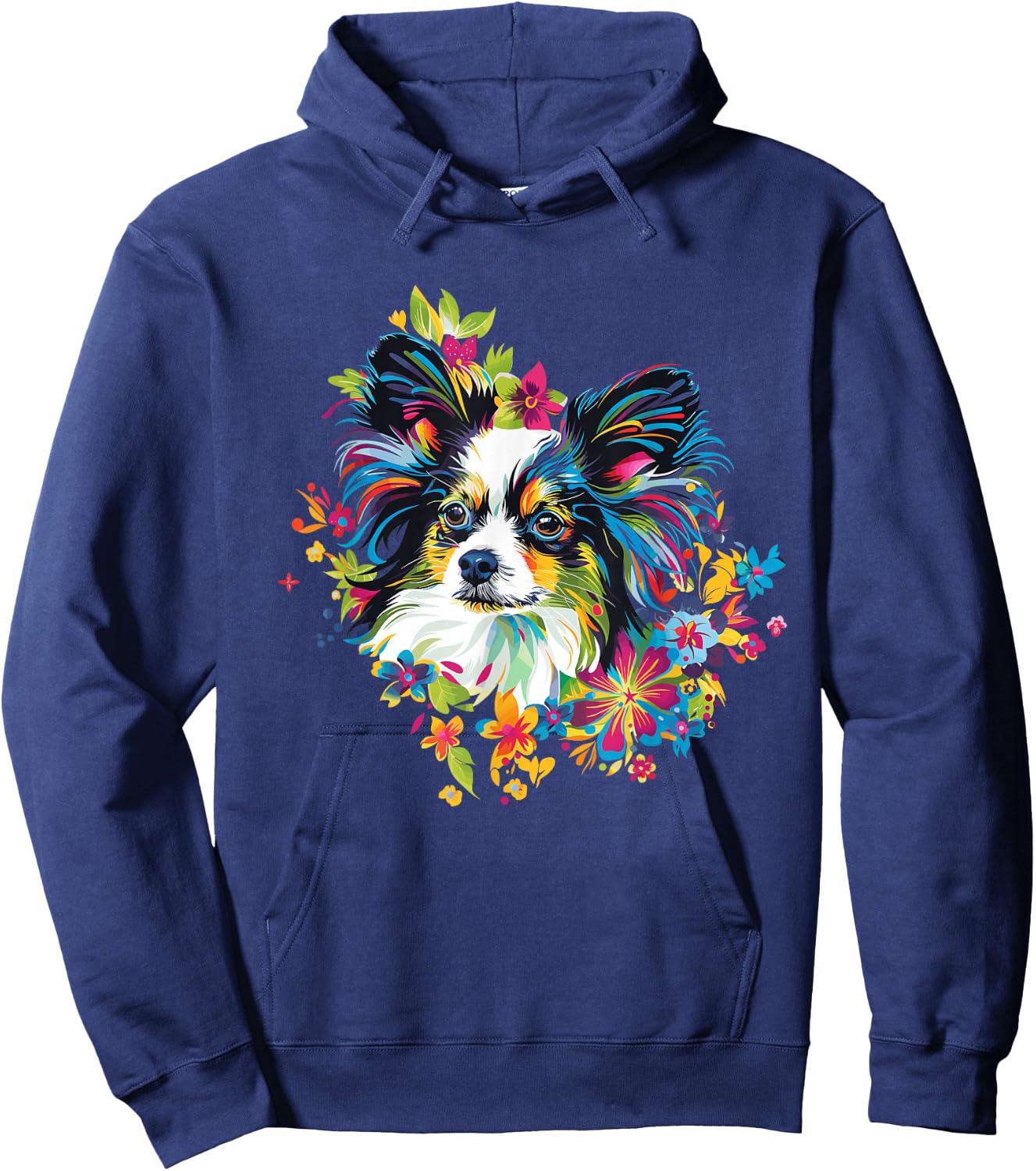 Artful Papillon Designs Floral Pop Art Papillon - -Adults & -Kids - Black - Small - Short Sleeve - Classic Fit - Round Neck Hoodie - Hoodie | Navy