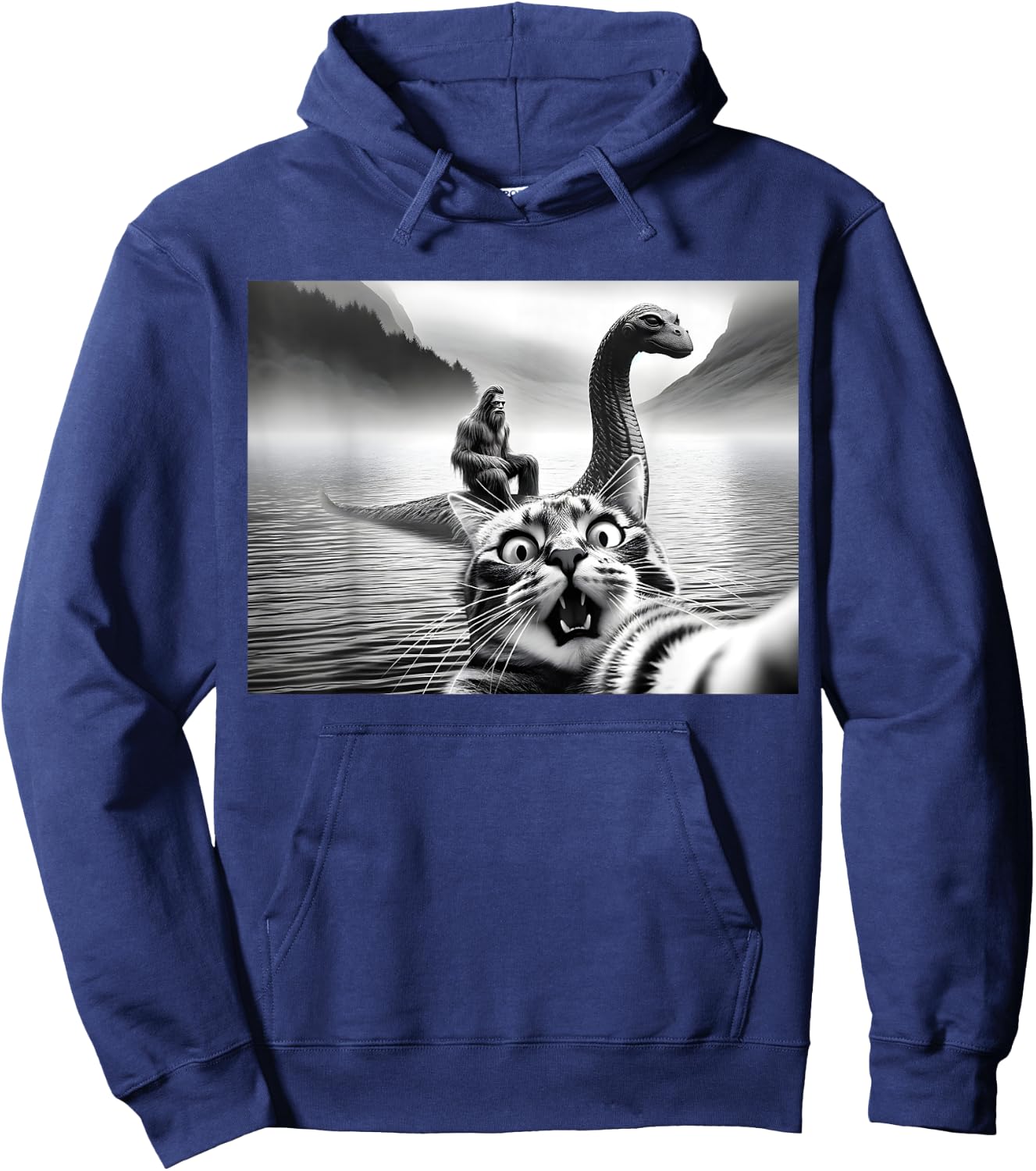 Bigfoot Riding Loch Ness Monster Surprised Scared Cat Selfie Women Girls Kids Hoodie - Hoodie | Navy