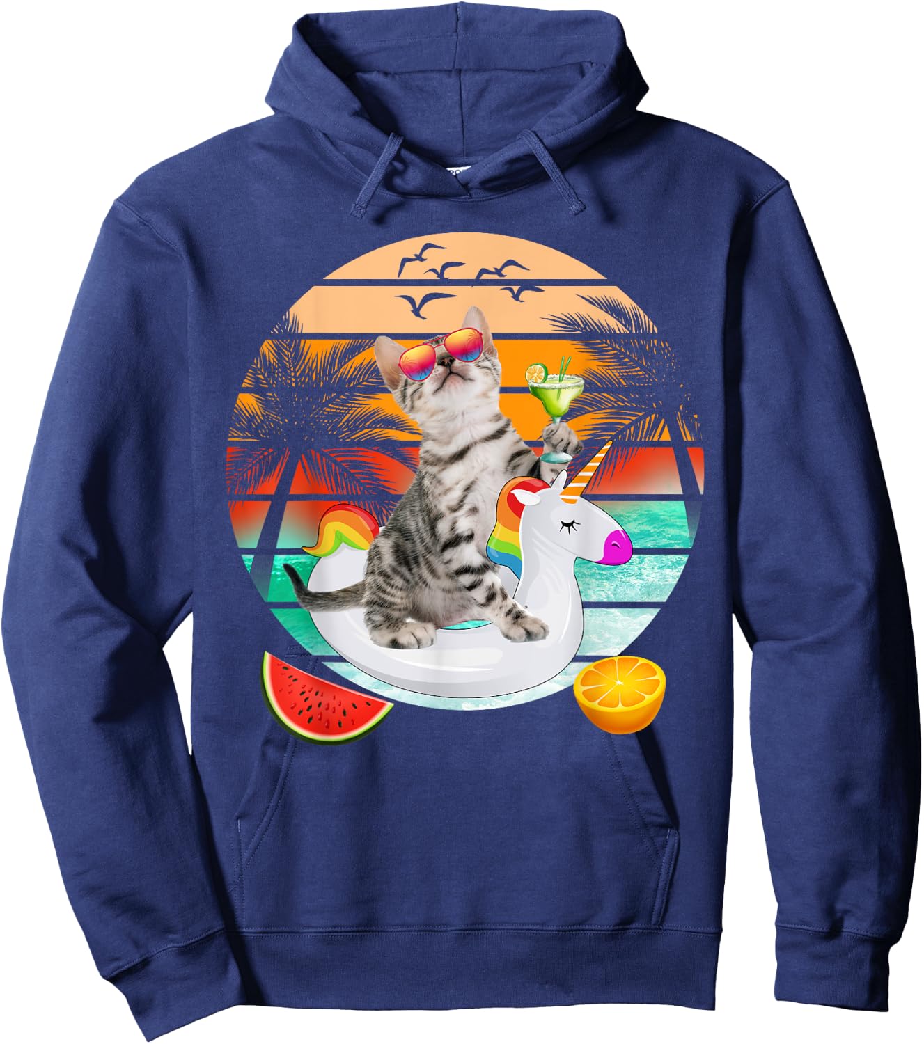 Cute Cat With Margarita & Unicorn Float Kitten Summer Vibes Hoodie - Hoodie | Navy