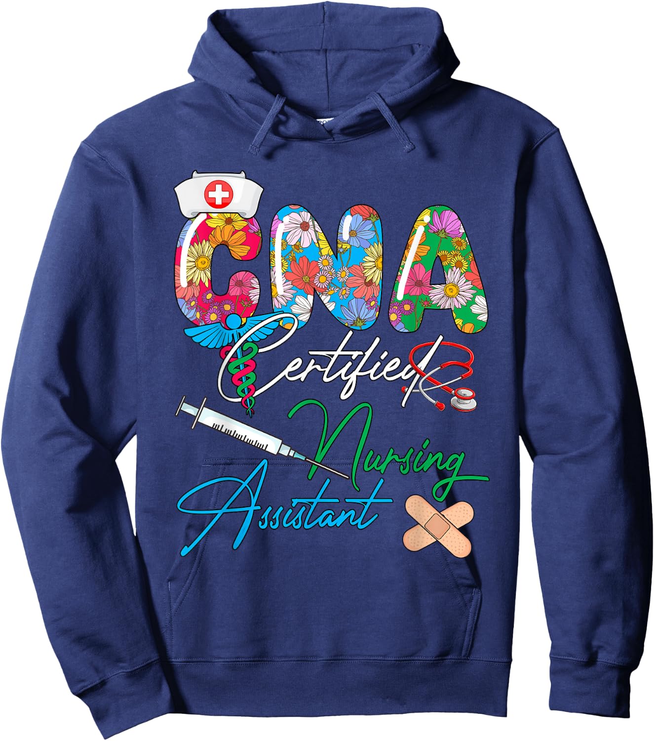 CNA Certified Nursing Assistant Costume Flowers Colorful Hoodie - Hoodie | Navy