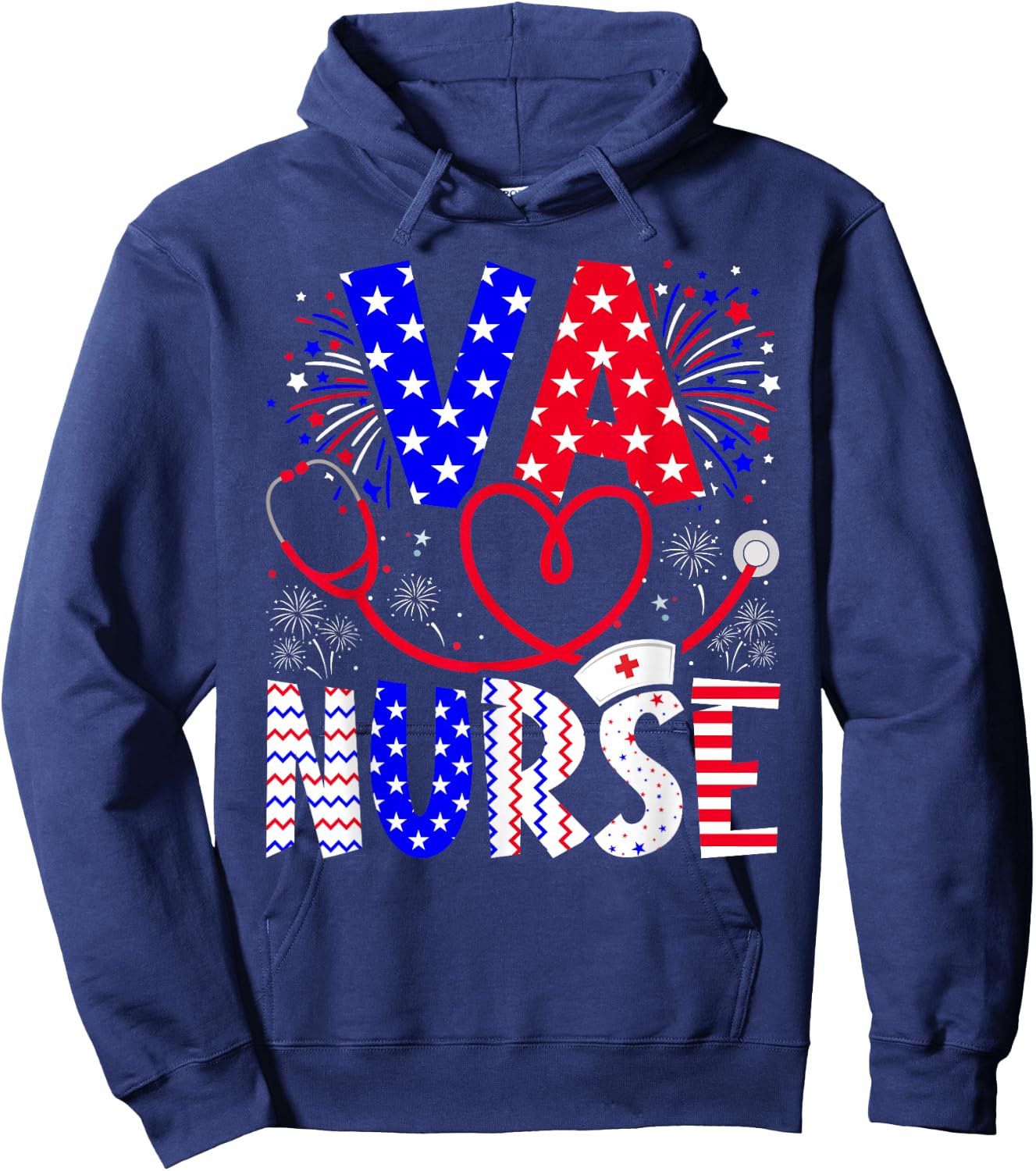 VA Nurse 4th Of July American Flag Stethoscope Hoodie - Hoodie | Navy