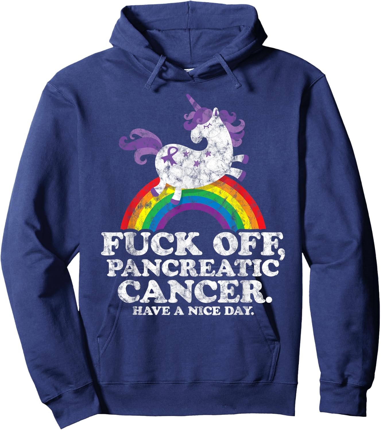 Fuck Off Pancreatic Cancer | Survivor Quote Unicorn Rainbow Hoodie - Hoodie | Navy