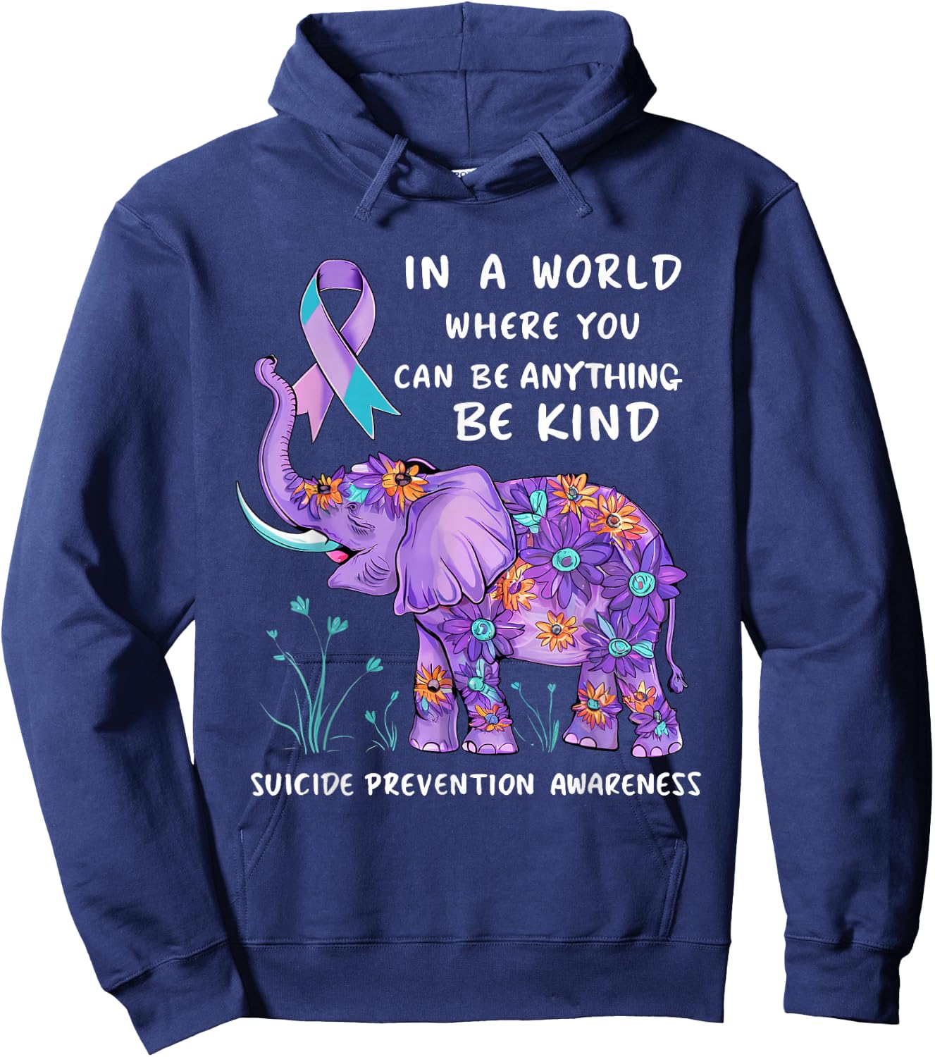 Suicide Prevention Awareness Elephant Teal & Purple Ribbon Hoodie - Hoodie | Navy