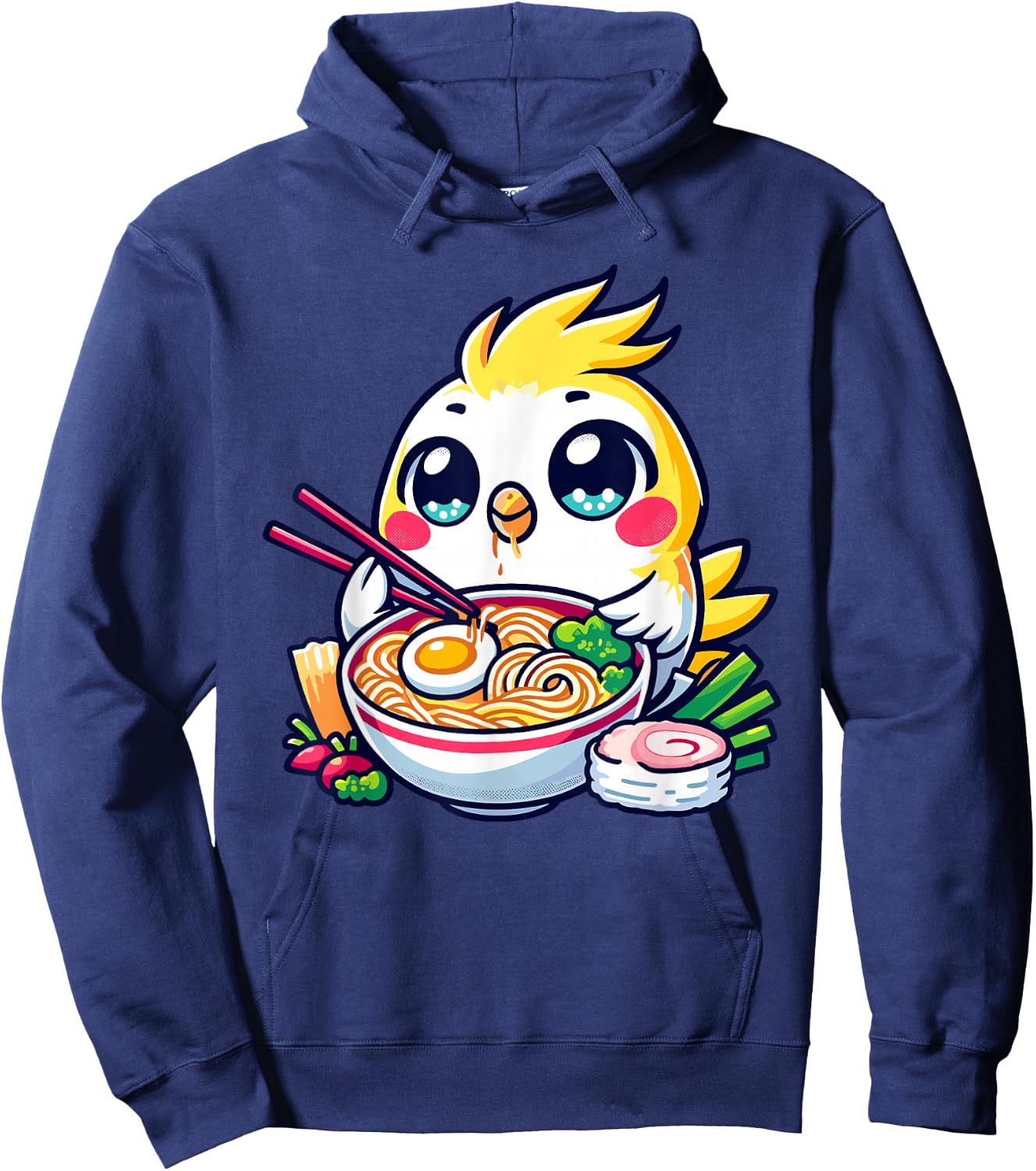 Kawaii Yellow Cockatiel Bird Parrot Eating Ramen Noodles Hoodie - Hoodie | Navy