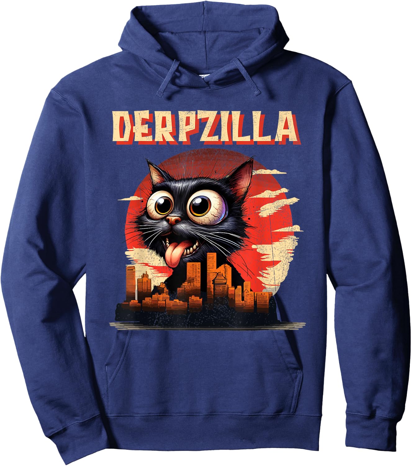 Derpzilla Funny Derpy Giant Cat Kitten City Skyline Hoodie - Hoodie | Navy