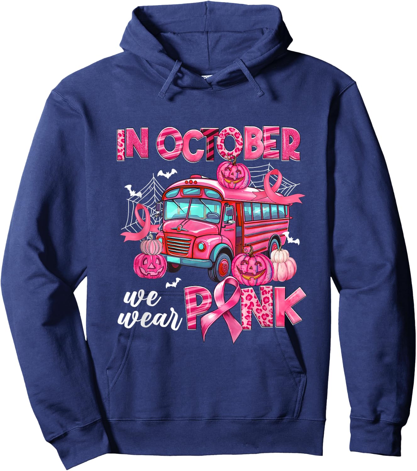 In October We Wear Pink Bus Driver Pumpkin Breast Cancer Hoodie - Hoodie | Navy