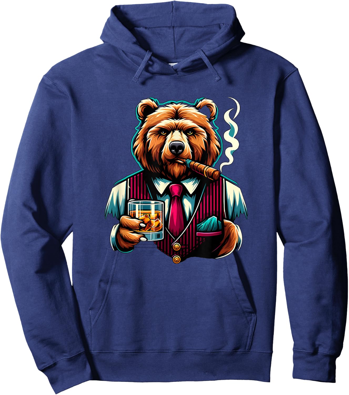 Grizzly Bear Cigar And Whiskey Hoodie - Hoodie | Navy