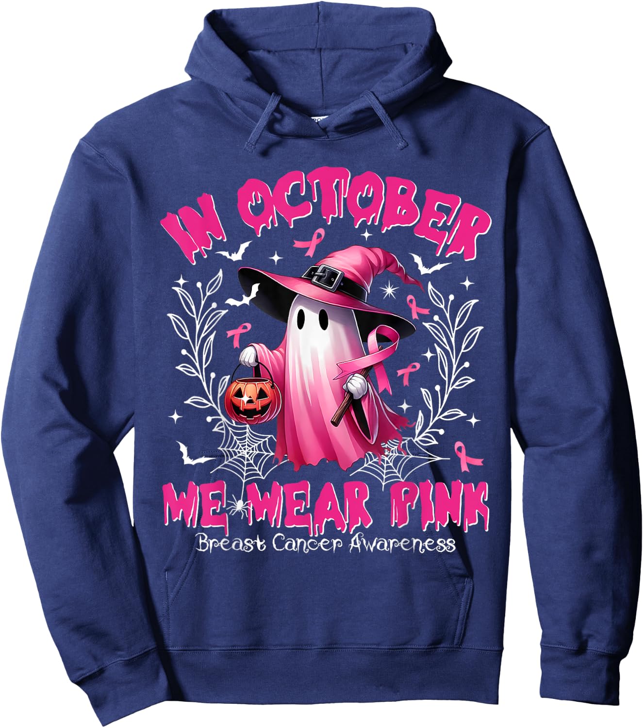 In October We Wear Pink Ghost Witch Breast Cancer Awareness Hoodie - Hoodie | Navy