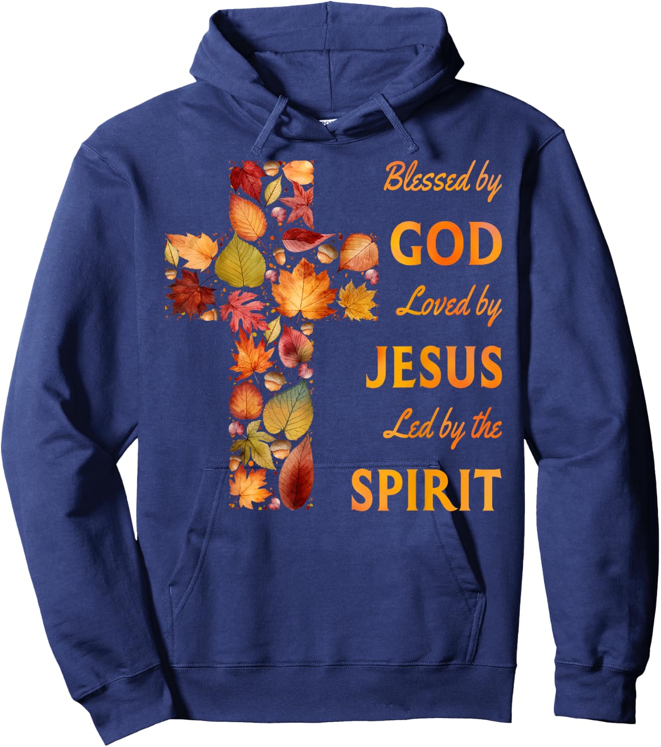 Blessed by God Loved by Jesus Fall Leaf Cross Hoodie - Hoodie | Navy