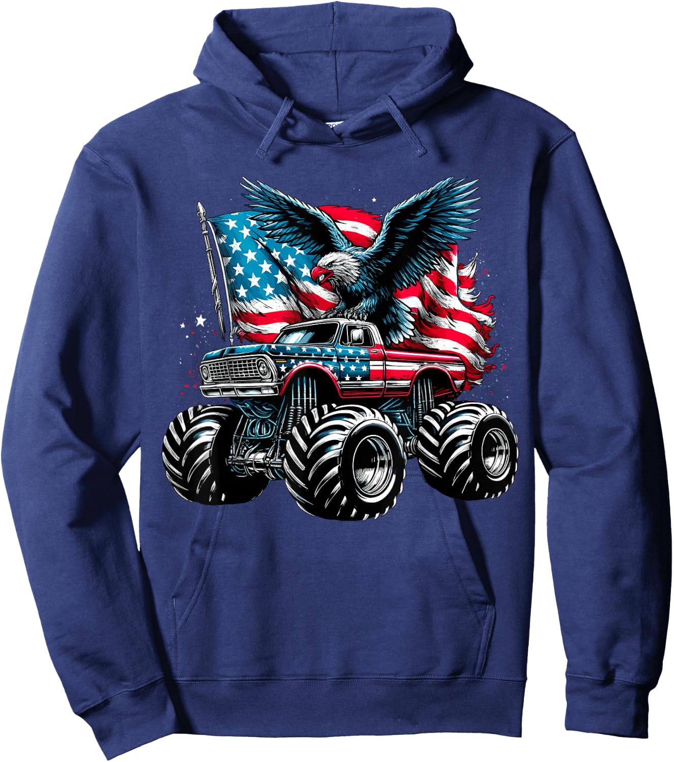Monster Truck Bald Eagle 4th of July Boys American Flag Hoodie - Hoodie | Navy