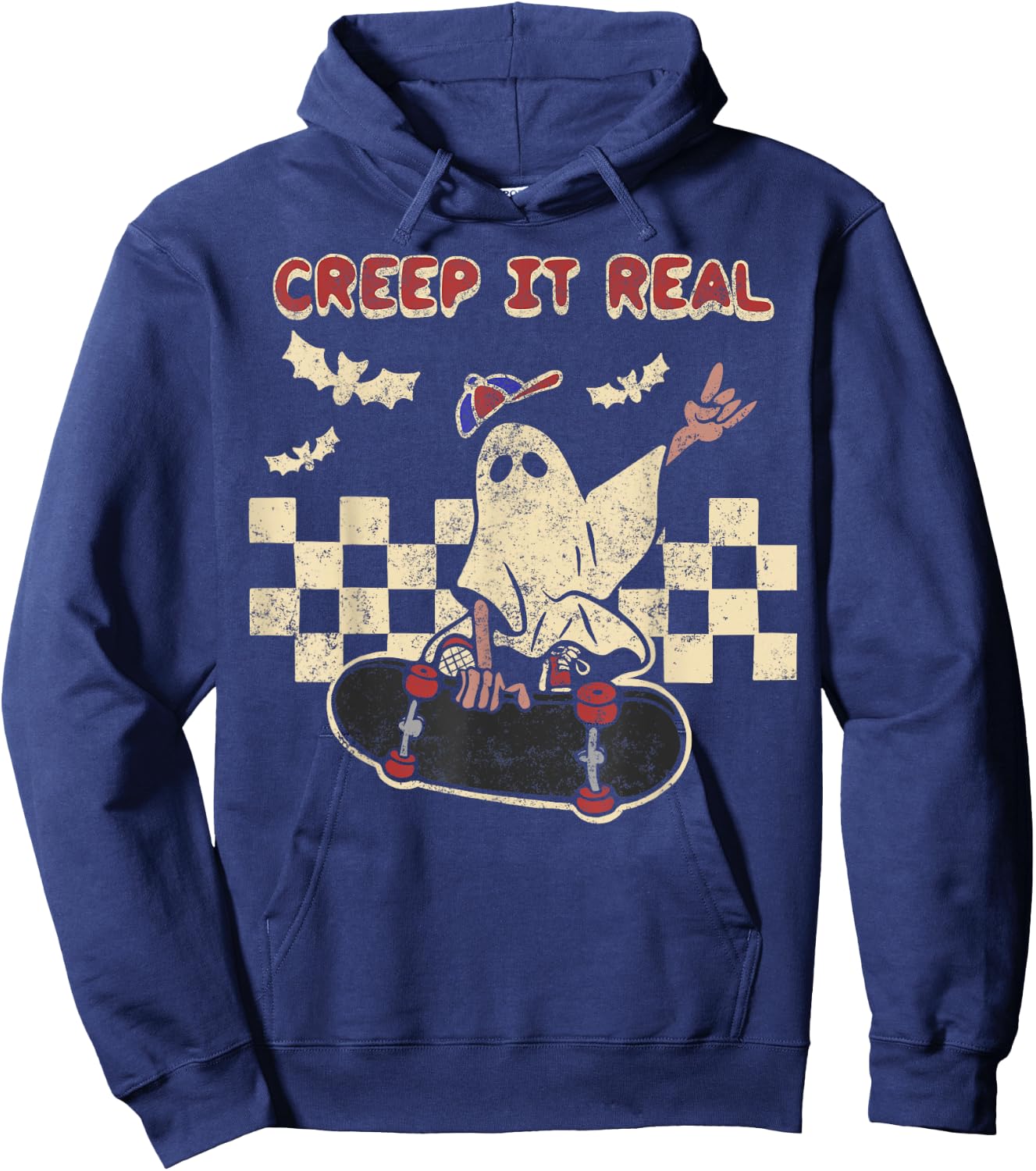 Halloween Boy Girl Retro Creep It Real Ghost on Skateboard Hoodie - Hoodie | Navy