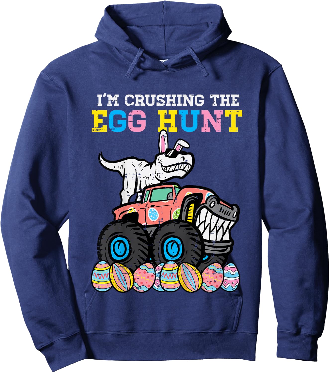 Kids Easter Im Crushing The Egg Hunt Dino Monster Truck Boys Kids Hoodie - Hoodie | Navy