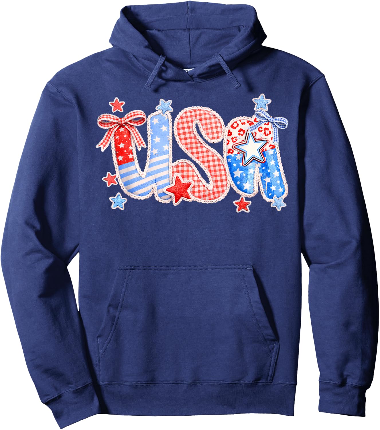 USA Coquette Bow Patchwork Lace Style 4th of July Women Girl Hoodie - Hoodie | Navy