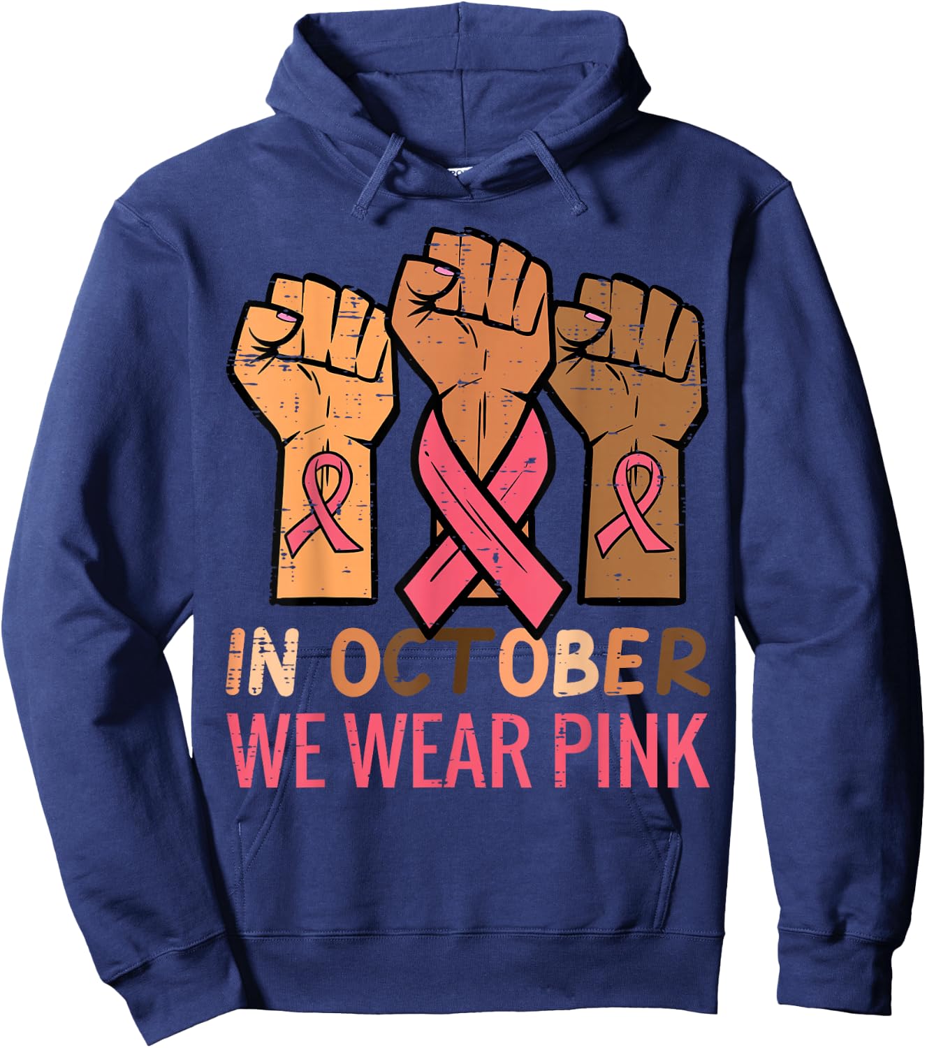 Breast Cancer Awareness Fist Warrior Support Men Women Kids Hoodie - Hoodie | Navy