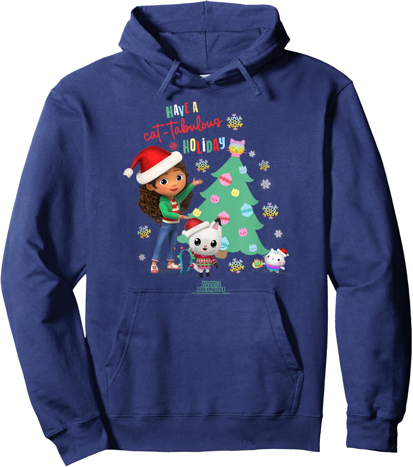 DreamWorks Gabby's Dollhouse Kids Black Cartoon Christmas , Short Sleeve, Small, Cat-tabulous Holiday Hoodie - Hoodie | Navy