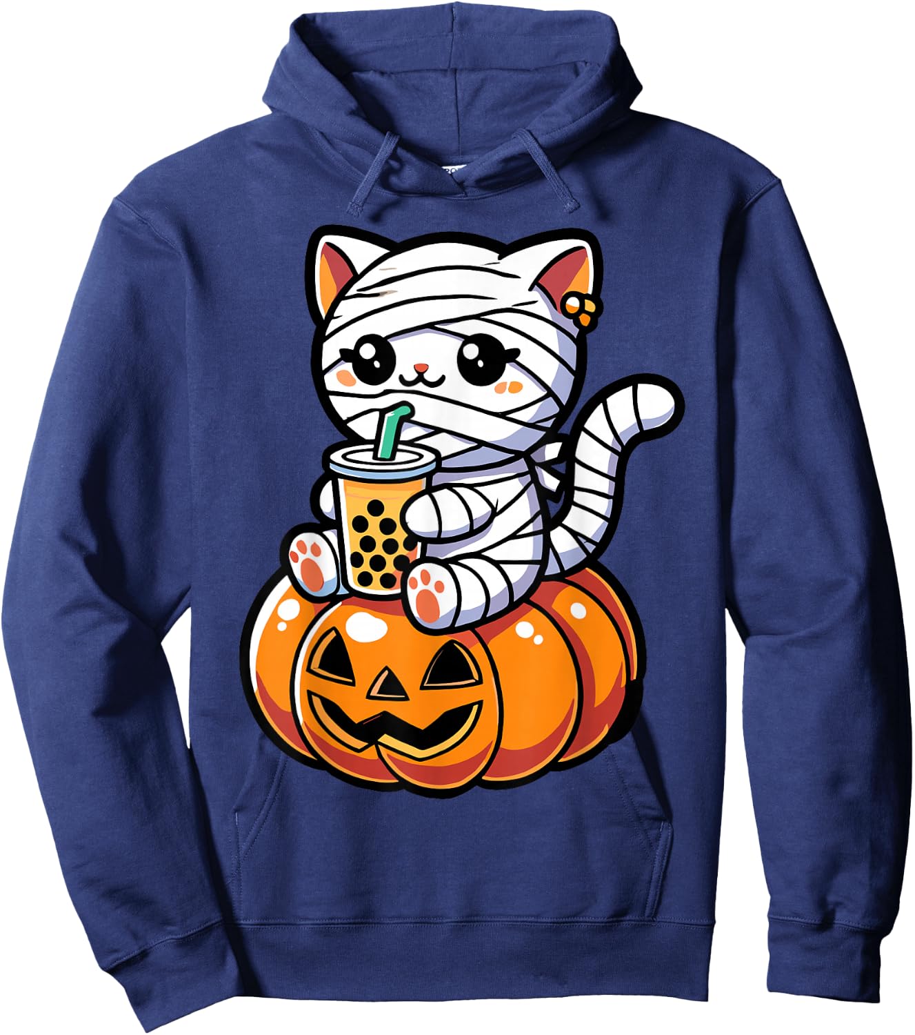 Kawaii Mummy Cat Drinking Boba Tea Halloween Pumpkin Men Women Kids Hoodie - Hoodie | Navy
