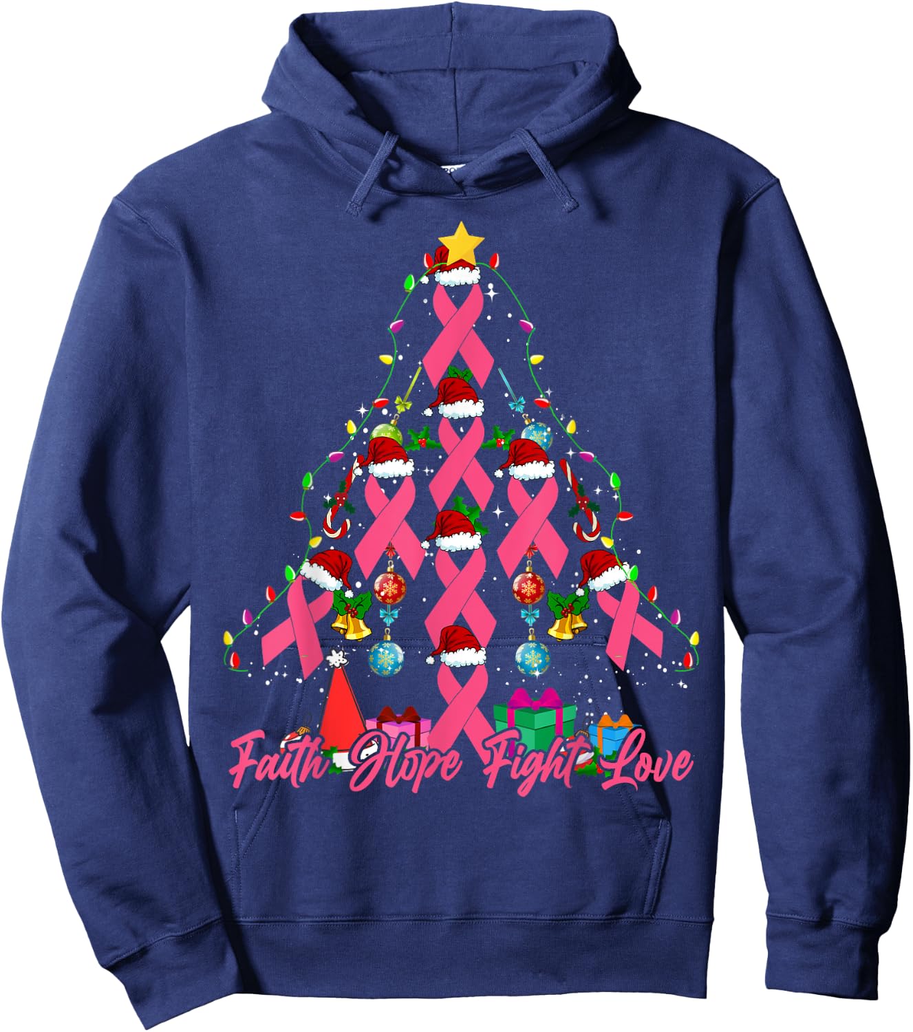 Santa Pink Ribbon Christmas Tree Breast Cancer Awareness Hoodie - Hoodie | Navy