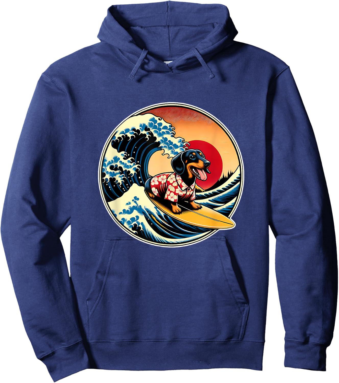 Great Wave Kanagawa Weiner Dachshund Dog Surfing Men Women Kids Hoodie - Hoodie | Navy