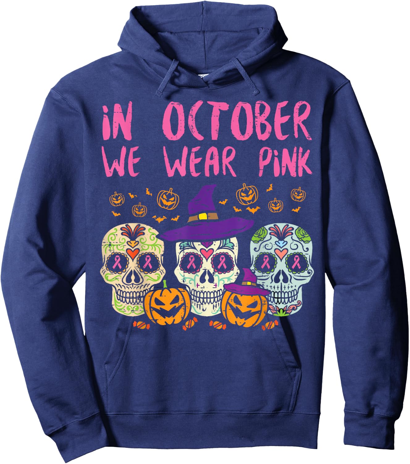 Sugar Skull October Pink Breast Cancer Awareness Halloween Hoodie - Hoodie | Navy