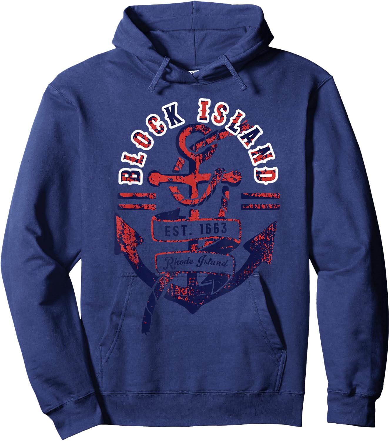Vintage Distressed Anchor & Rope Block Island Rhode Island Hoodie - Hoodie | Navy