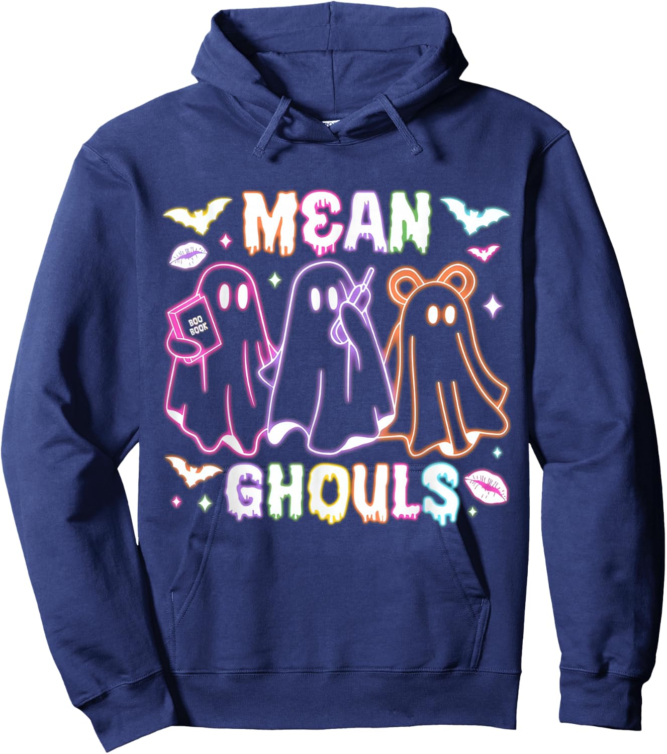 Cute Ghost Mean Ghouls Neon Halloween Spooky Season Costume Hoodie - Hoodie | Navy