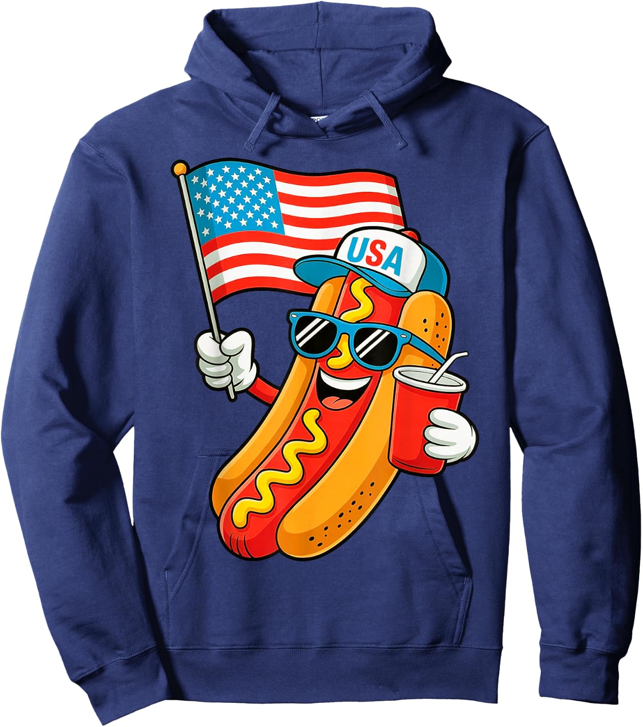 4th of July Hotdog Funny Fourth of July Patriotic USA Flag Hoodie - Hoodie | Navy