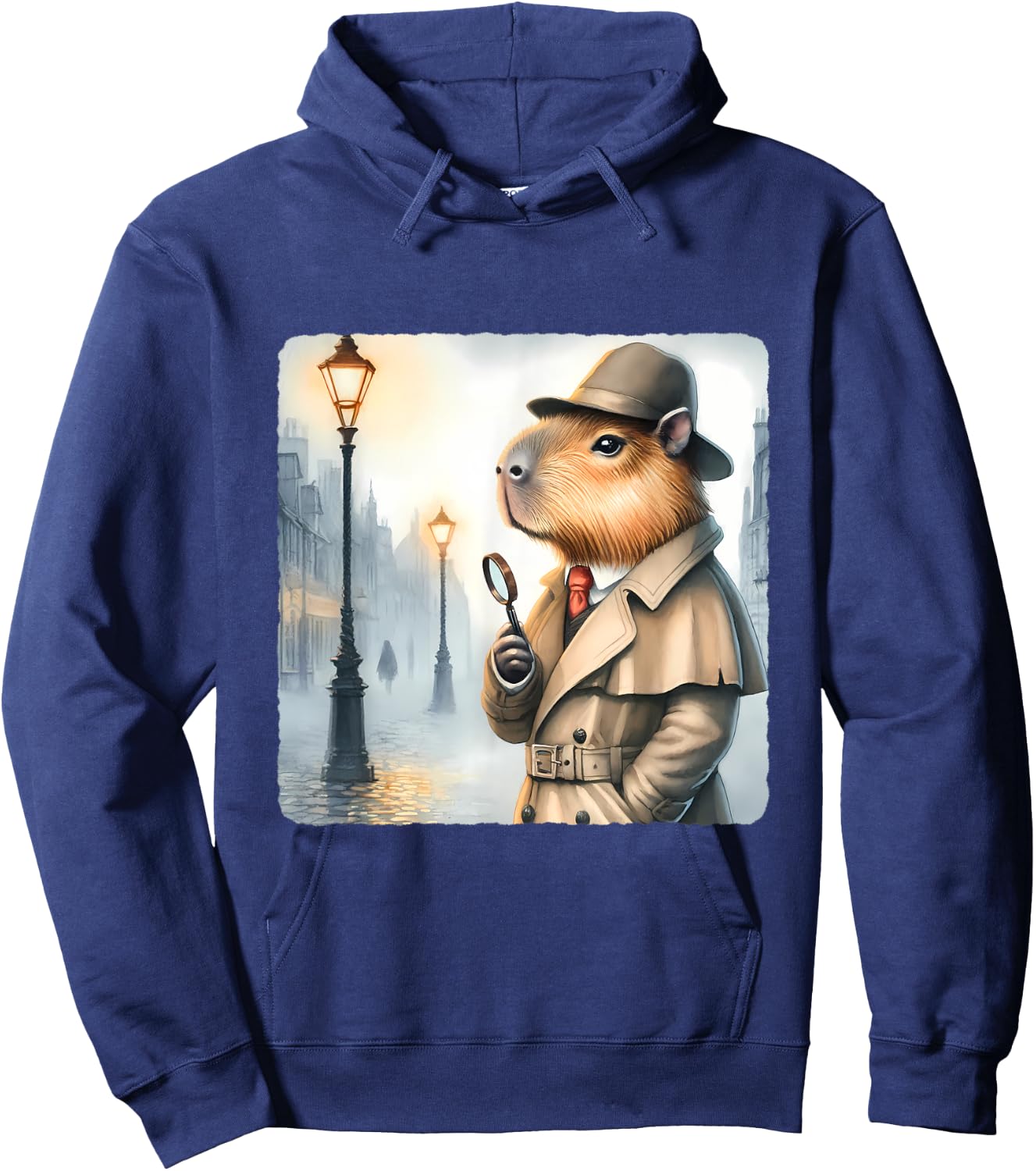 Capybara Detective With Magnifying Glass. Trench Coat Hat Hoodie - Hoodie | Navy