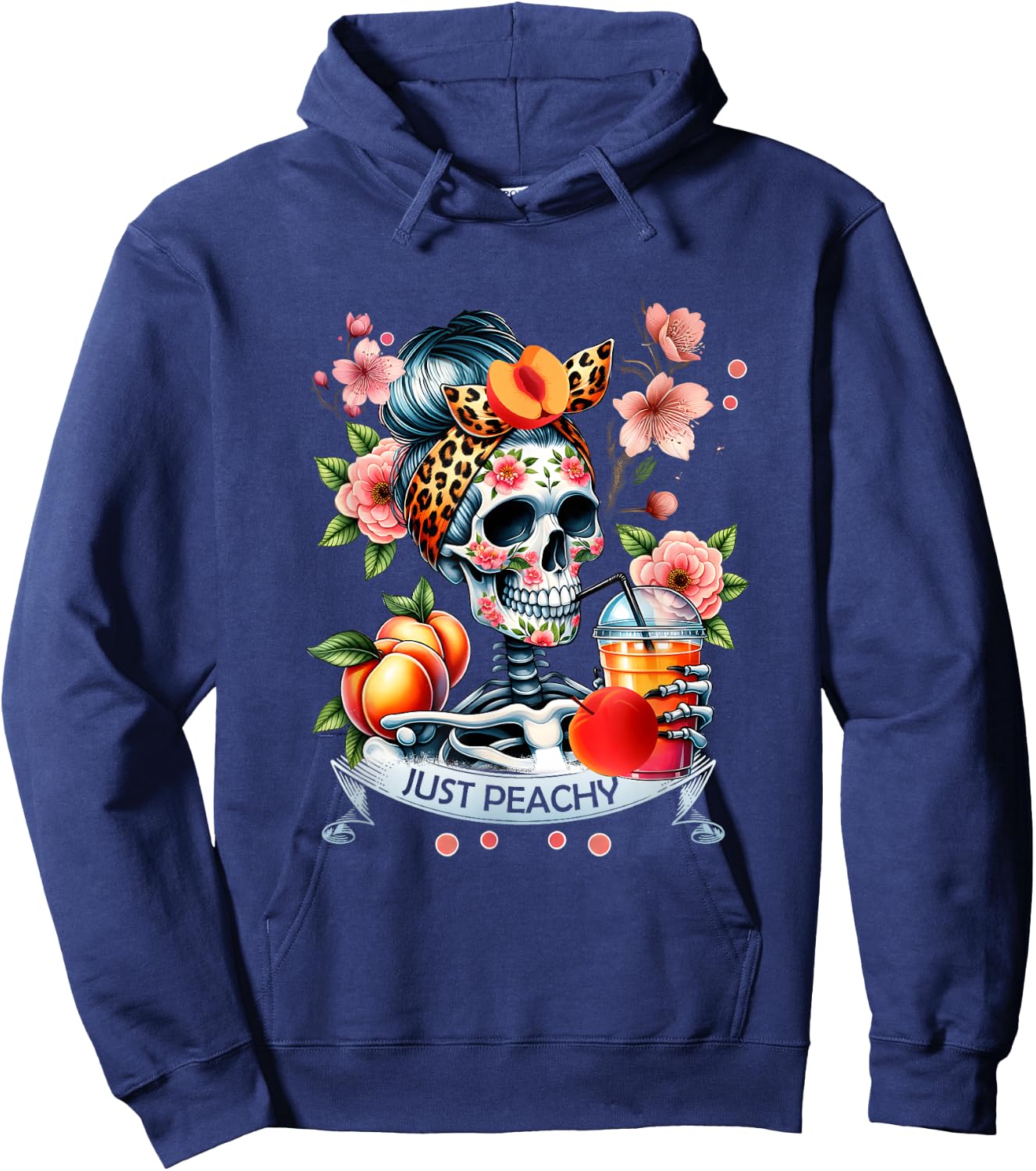 Floral Just-Peachy Skeleton Drink Badana Leopard Humor Hoodie - Hoodie | Navy