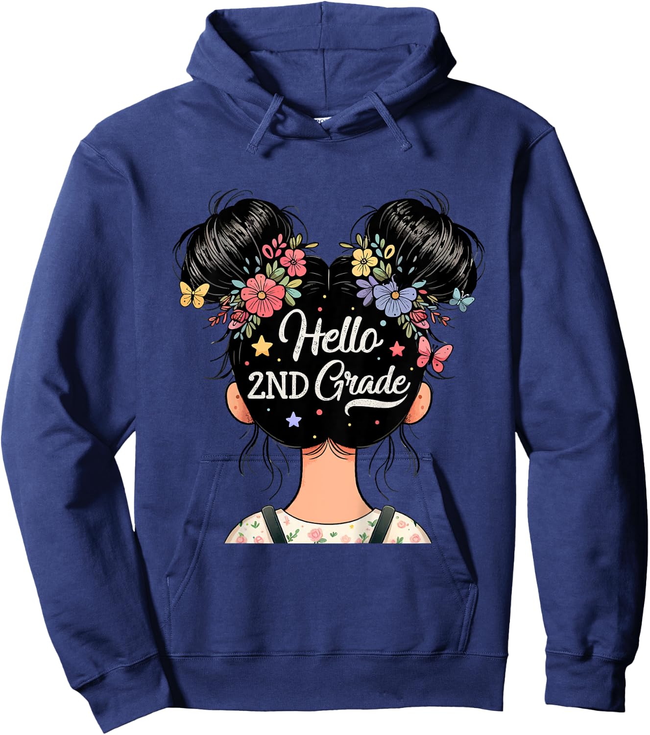 Kids Hello 2nd Grade Messy Hair Bun Girl Back To School Kids Hoodie - Hoodie | Navy