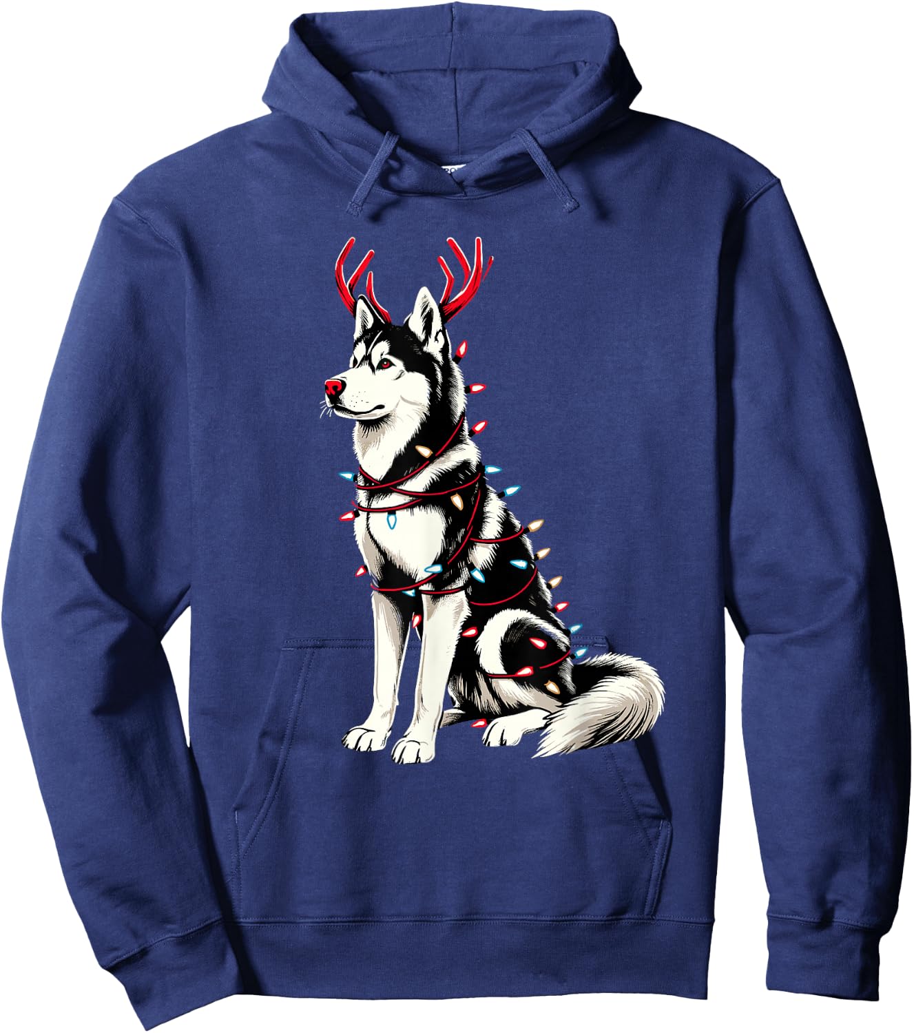 Siberian Husky Santa Christmas Lights Pajama, Merry Wolfmas Hoodie - Hoodie | Navy