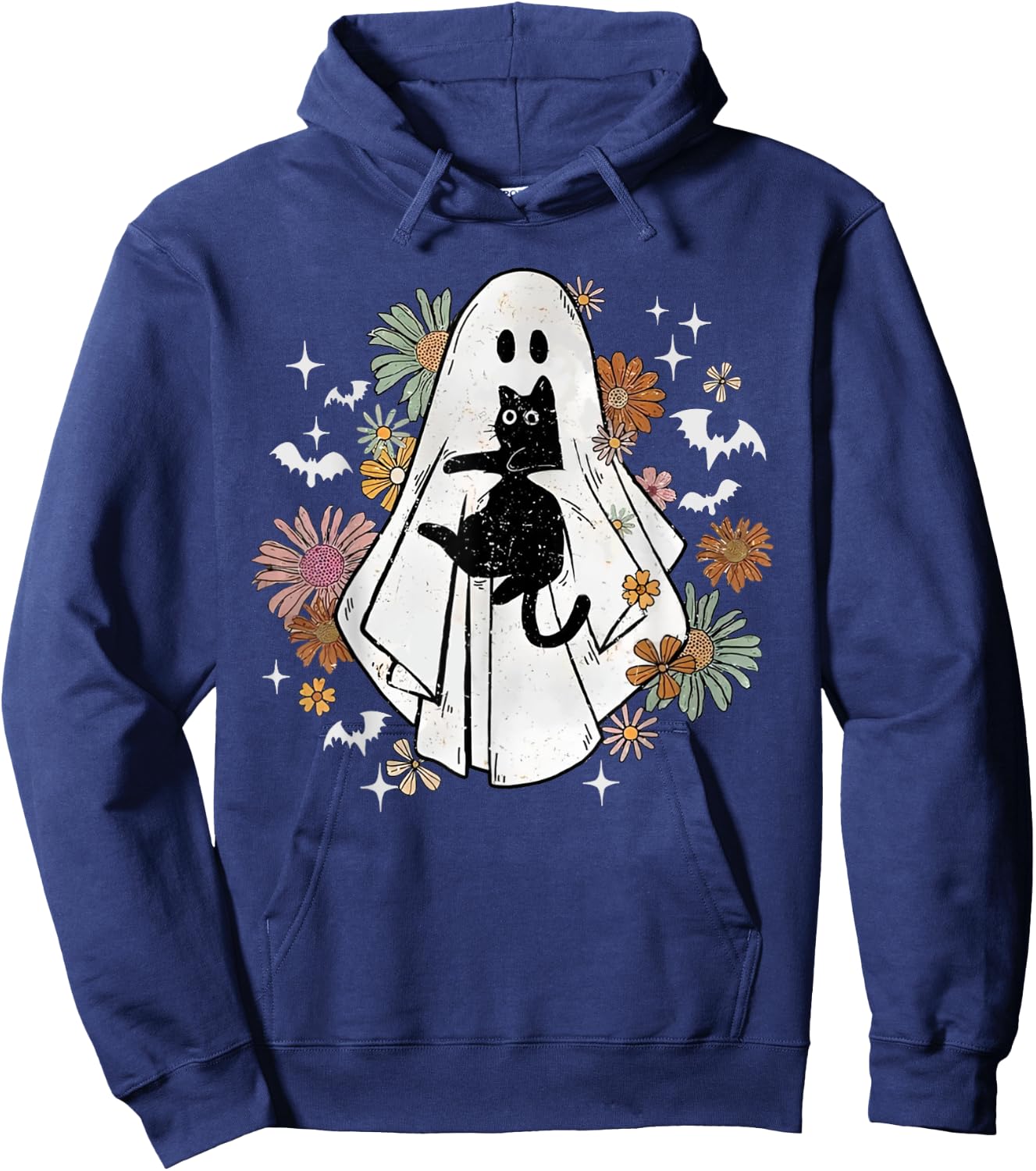 Spooky Ghost Holding Black Cat Groovy Floral Halloween Goth Hoodie - Hoodie | Navy