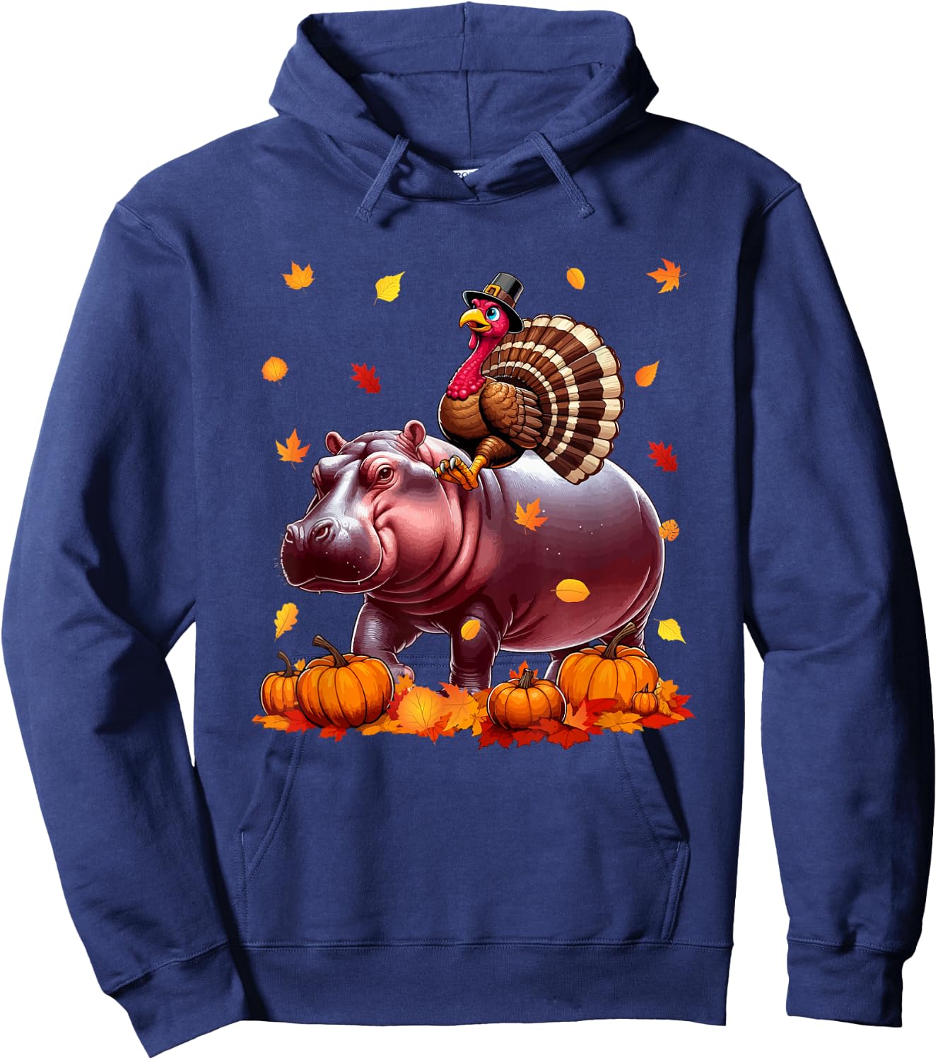 Turkey Riding Hippo Thanksgiving Fall Leaves Pumpkins Hoodie - Hoodie | Navy