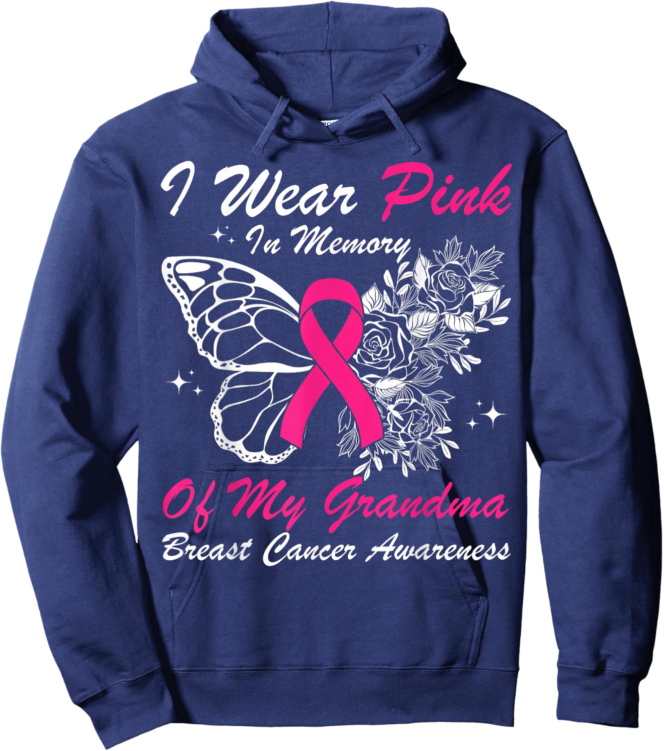 I Wear Pink In Memory Of My Grandma Butterfly Breast Cancer Hoodie - Hoodie | Navy