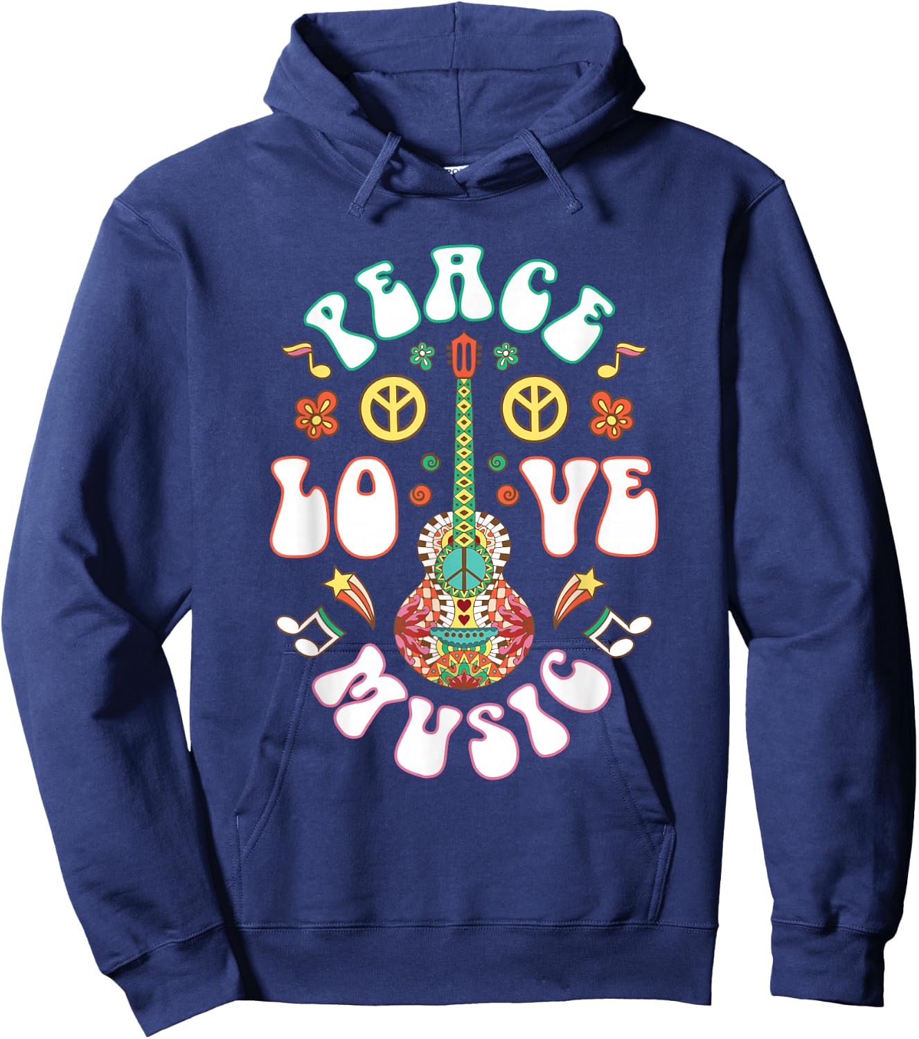 Hippie Hippies Peace Love Music Guitar Retro Hippy Gift Hoodie - Hoodie | Navy