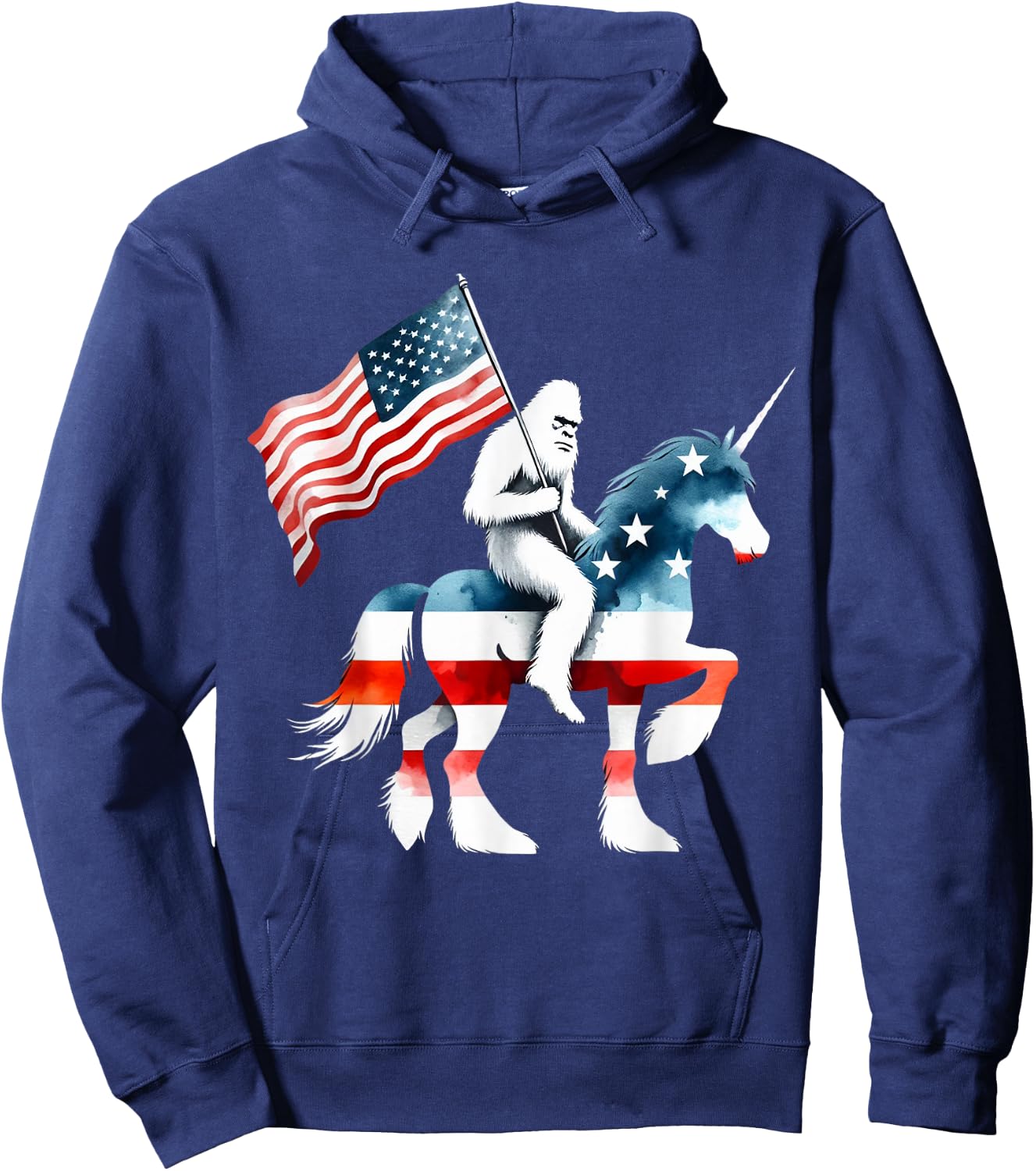 Patriotic Bigfoot Riding Unicorn American Flag 4th Of July Women Kids Men Hoodie - Hoodie | Navy