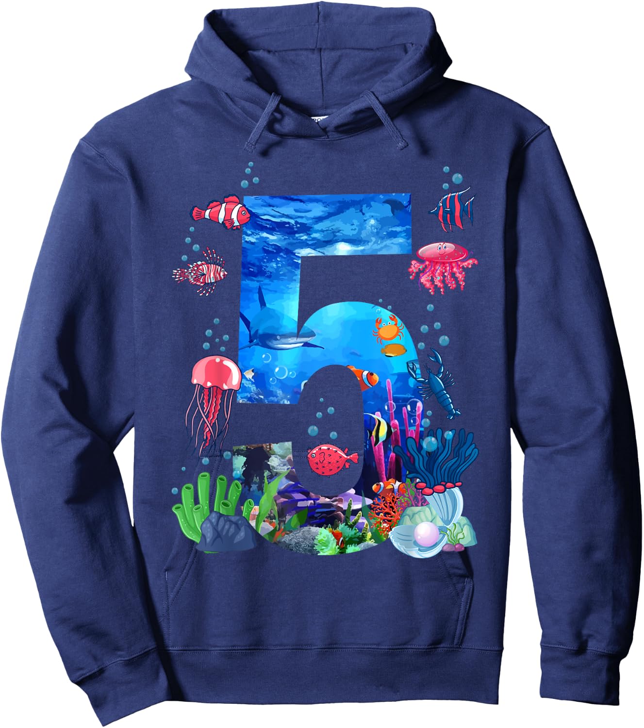 5th Birthday Party Ocean 5 Year Old Sea Fish Aquarium Boy Hoodie - Hoodie | Navy
